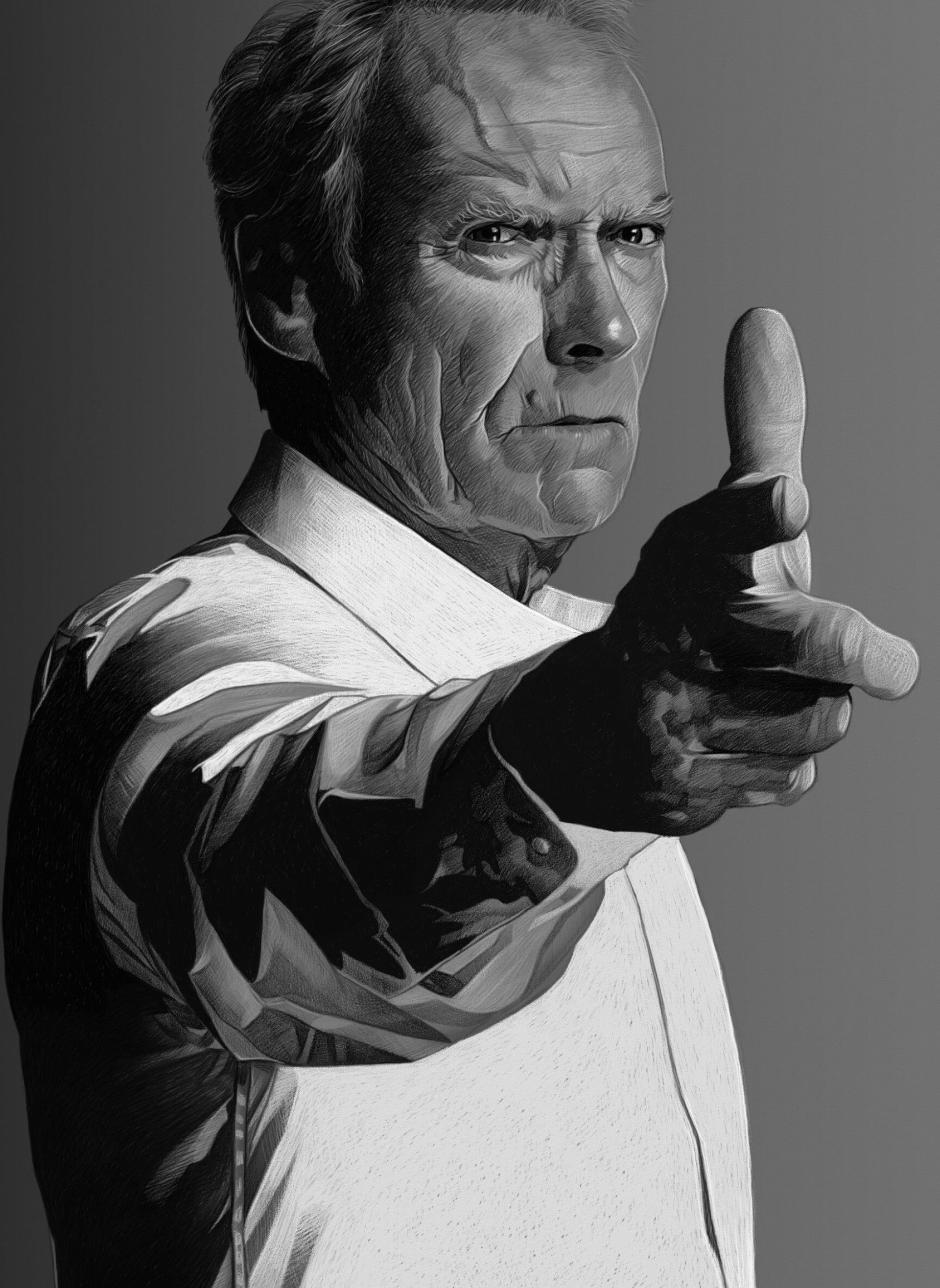 Clint Eastwood: Black-And-White Portrait, "Pointing Finger" Gesture Has Become The Visiting Card Of An American Western Star. 1920x2640 HD Wallpaper.