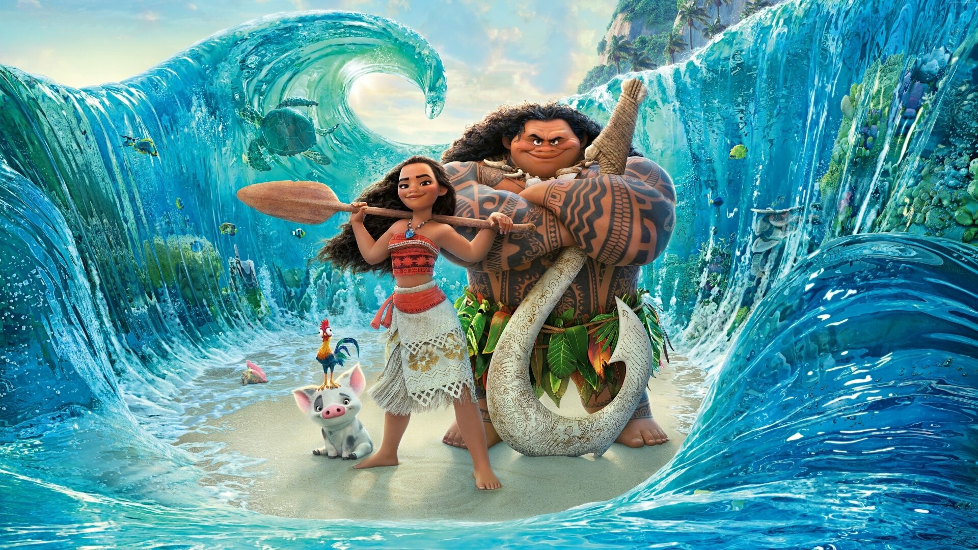 Moana: An animated Disney adventure about a Polynesian princess, Maui. 1920x1080 Full HD Background.