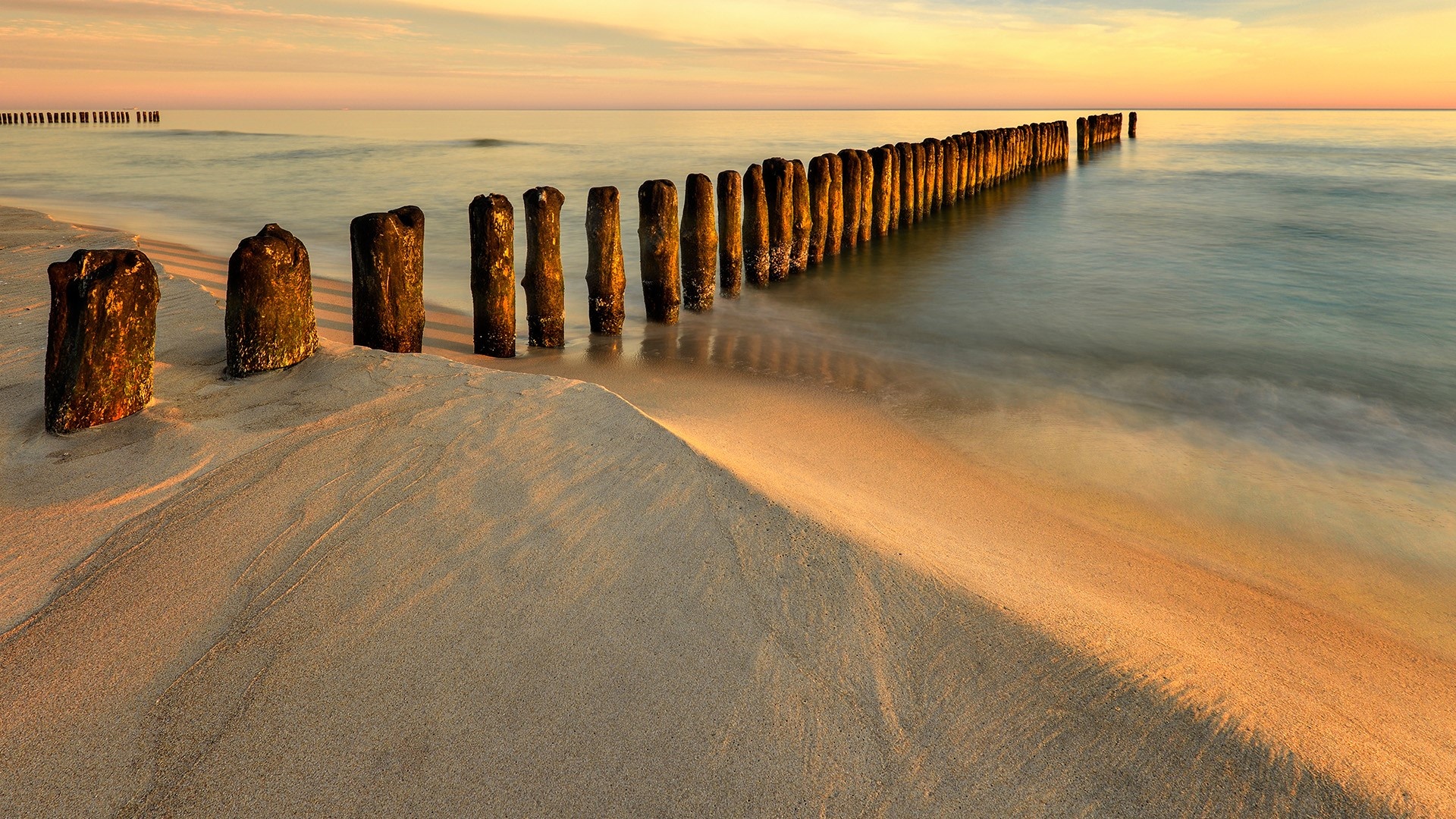 Sandy beach at dawn, Leba Baltic Sea, Poland's scenic wonder, Windows 10 spotlight, 1920x1080 Full HD Desktop