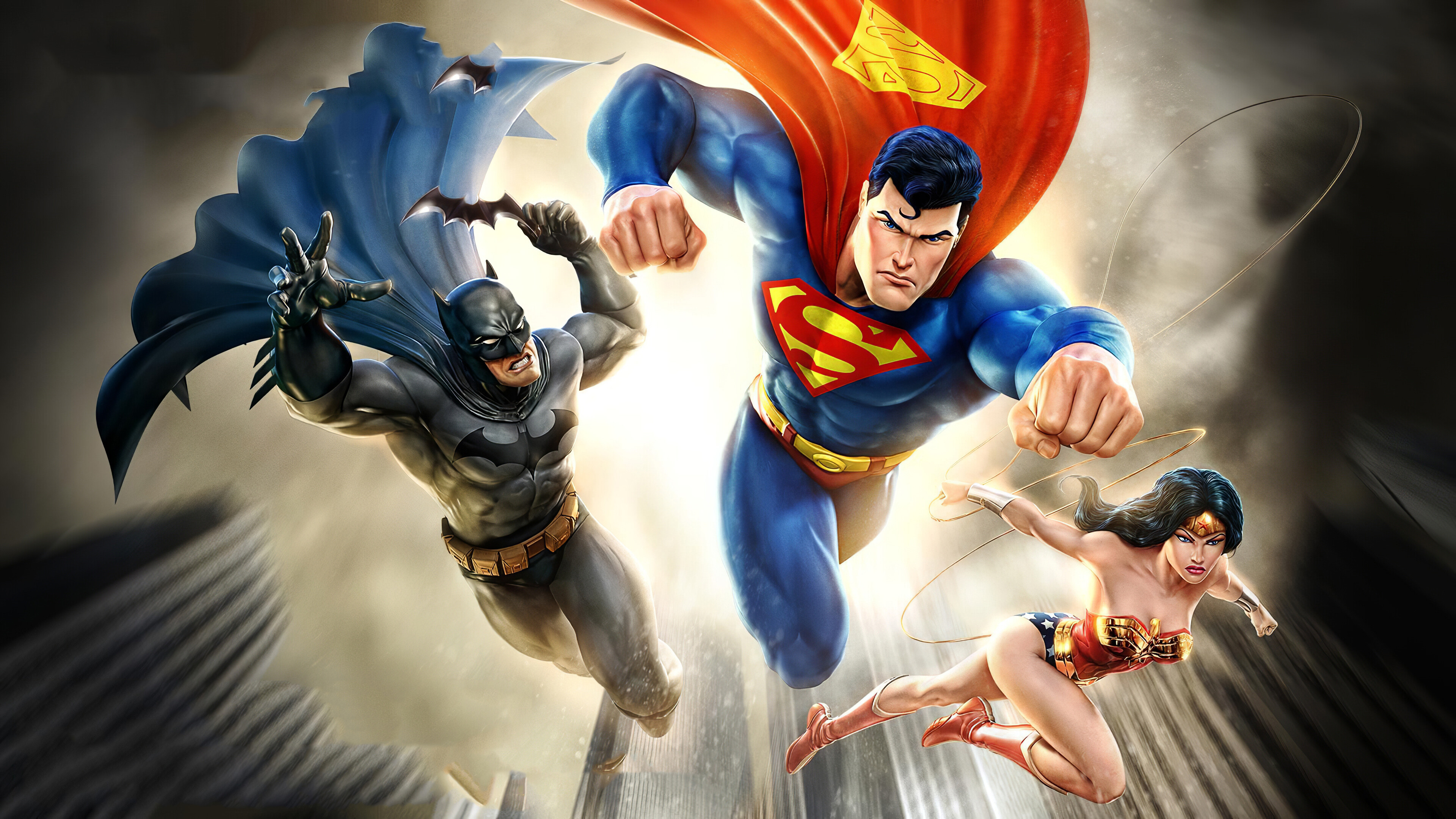 DC: Superheroes, Batman, Superman, Wonder Woman, Clark Kent, Bruce Wayne, Diana Prince. 3840x2160 4K Background.