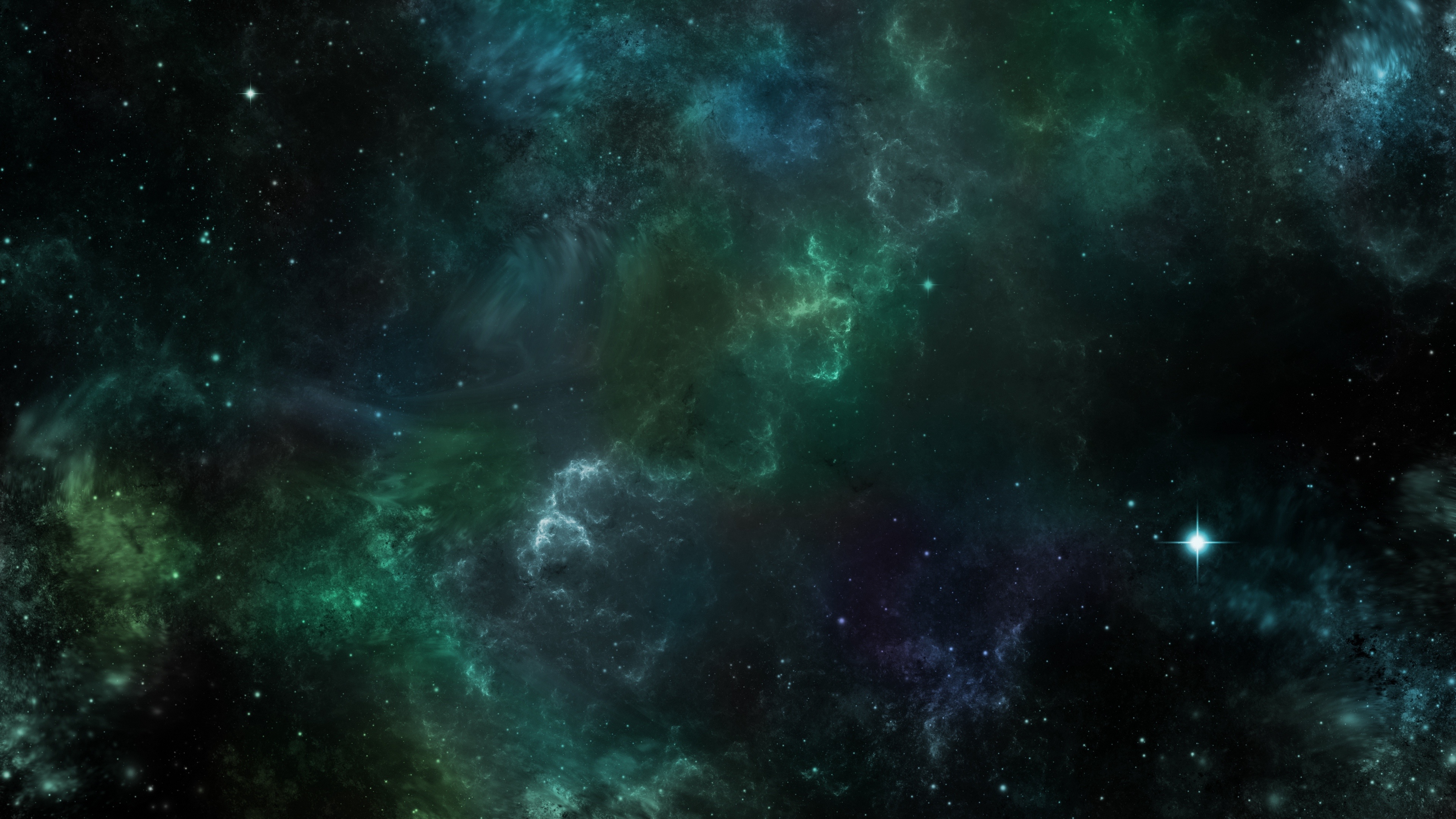 Green Nebula: A distinct luminescent part of the interstellar medium, which can consist of ionized, neutral or molecular hydrogen and also cosmic dust. 3840x2160 4K Background.