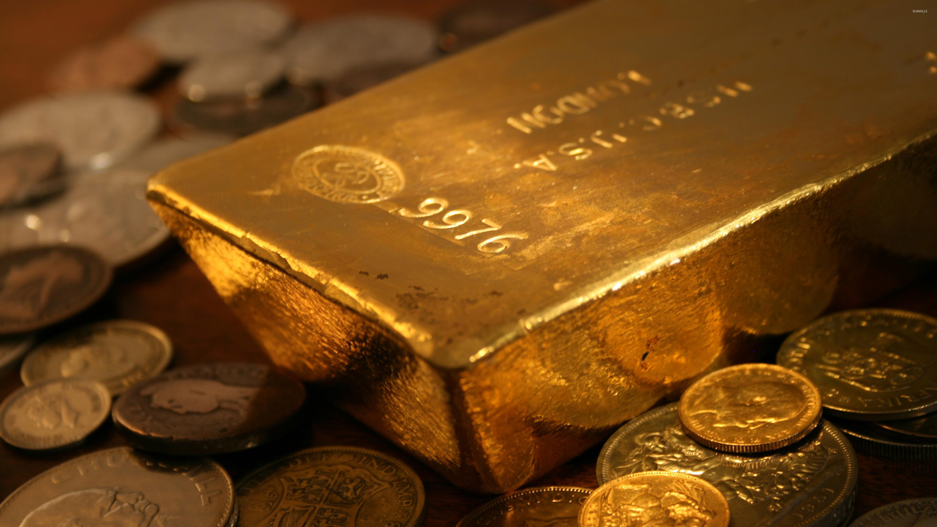 Gold Coins: A gold bar with the mint marks, A bulk quantity of precious metal, Currency. 3840x2160 4K Background.