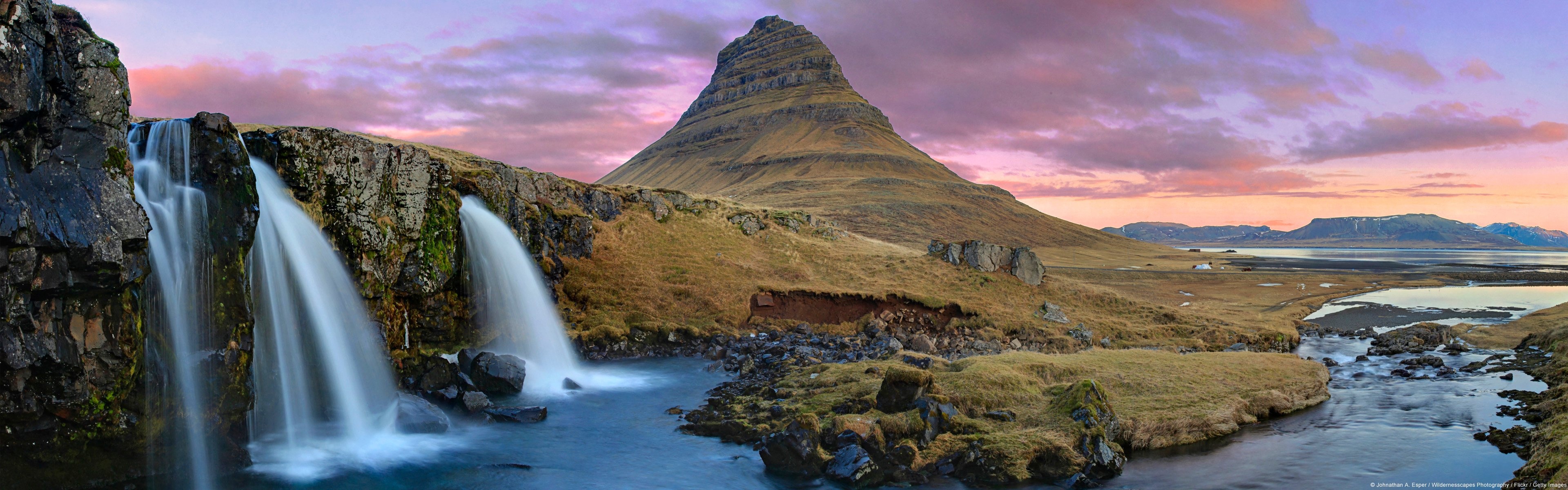 Kirkjufell, Iceland, Alienware wallpaper, Surreal landscape, 3840x1200 Dual Screen Desktop