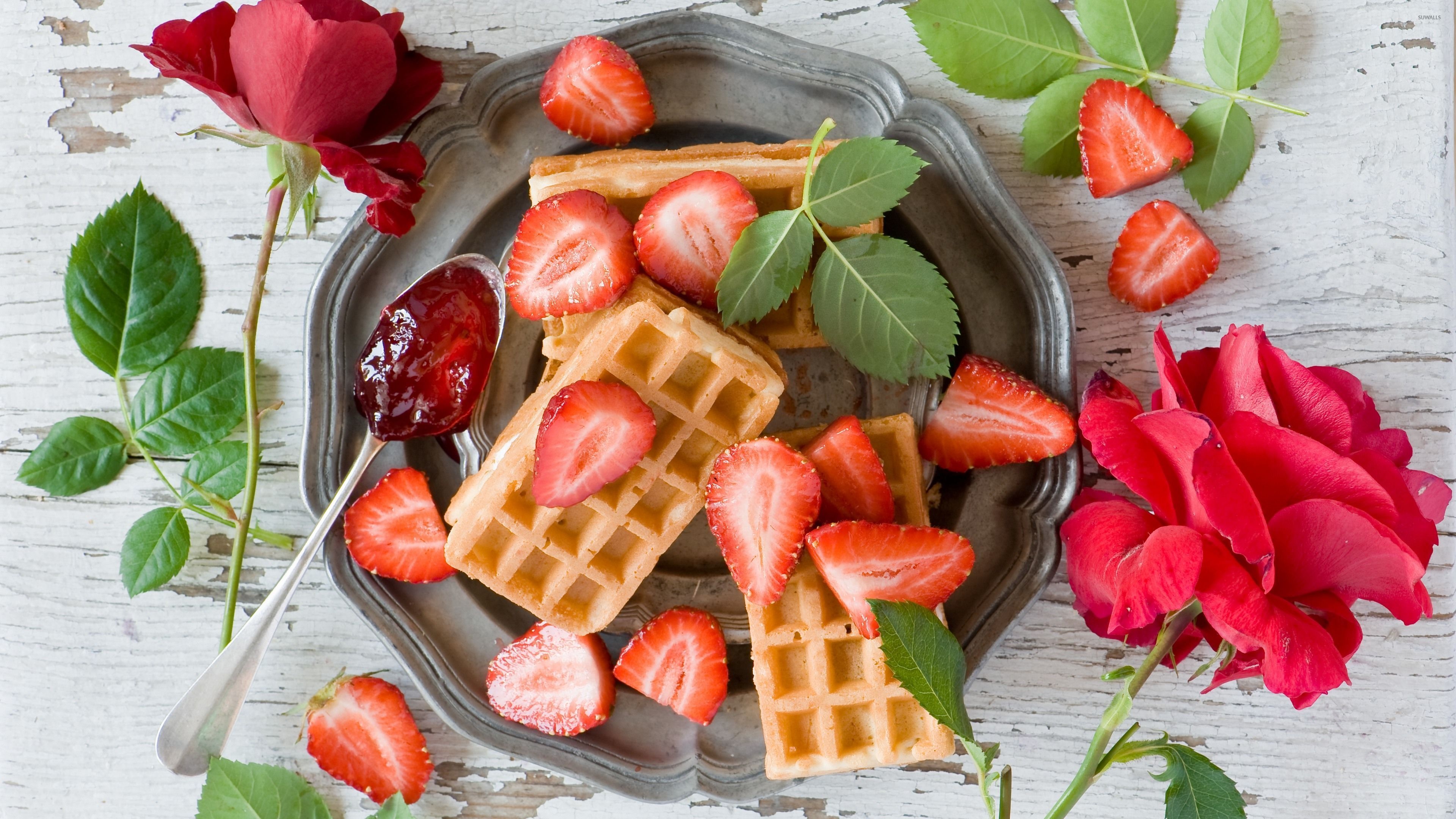 Waffle: Waffles and strawberries, Baked goods. 3840x2160 4K Background.