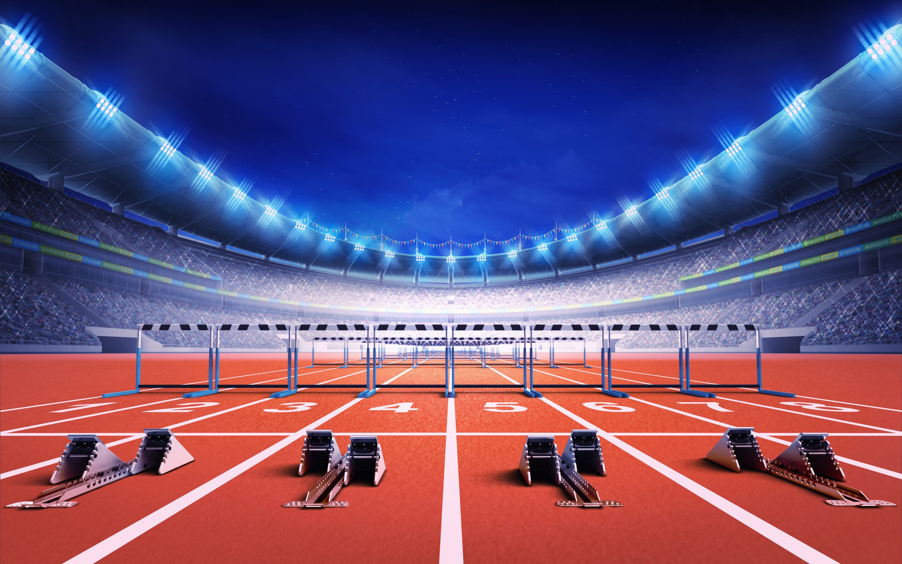 Hurdling: Athletics stadium, Sprint race with hurdles, Track and field athletics, Sports competitions. 2880x1800 HD Background.