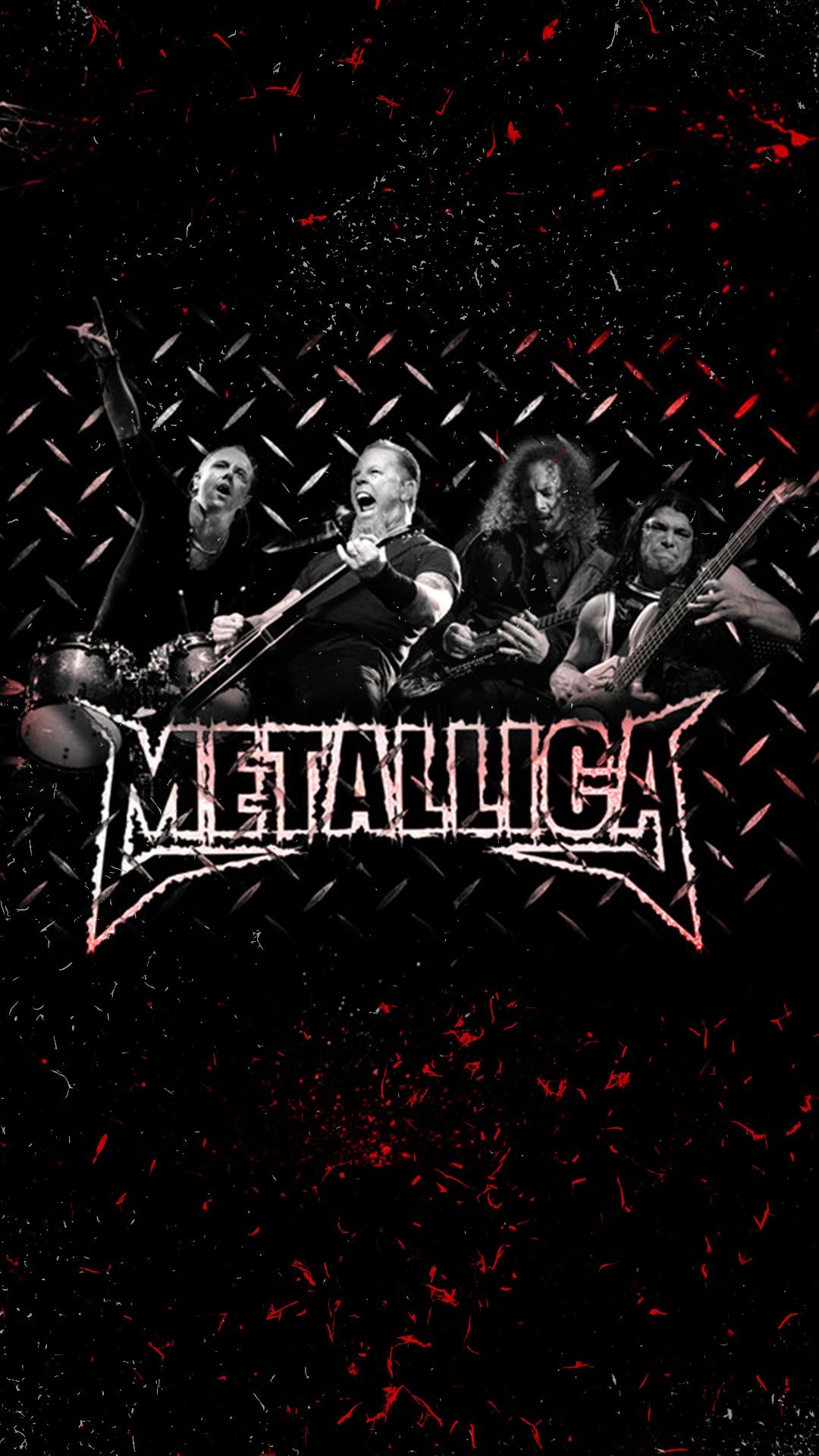 Music Band: Metallica, Lars Ulrich, James Hetfield, Kirk Hammett, Robert Trujillo, Thrash metal quartet formed in 1981. 1080x1920 Full HD Background.