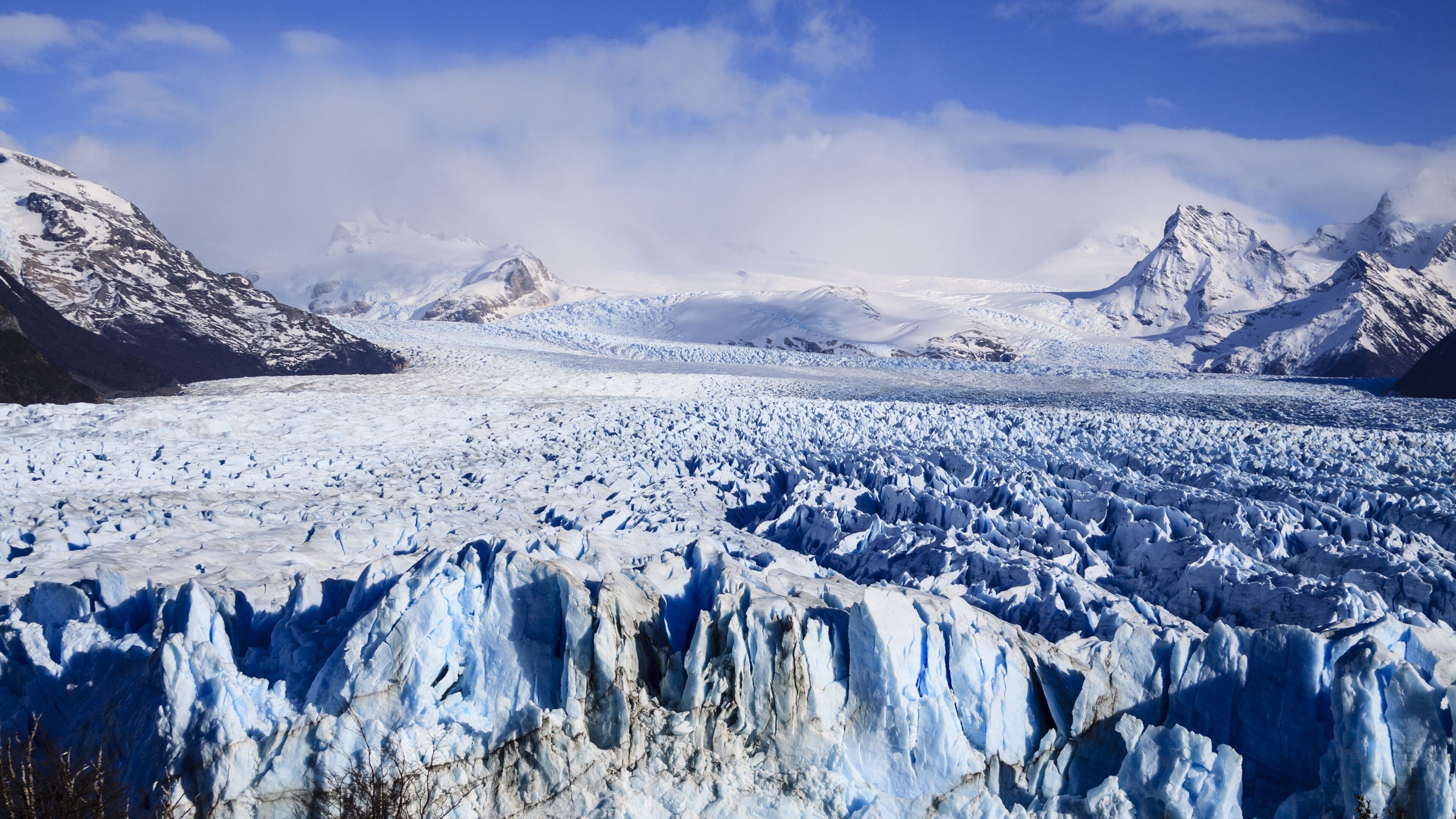 Glacier: Argentina, El calafate, Ice mass that forms only on land, Mountains. 3840x2160 4K Background.