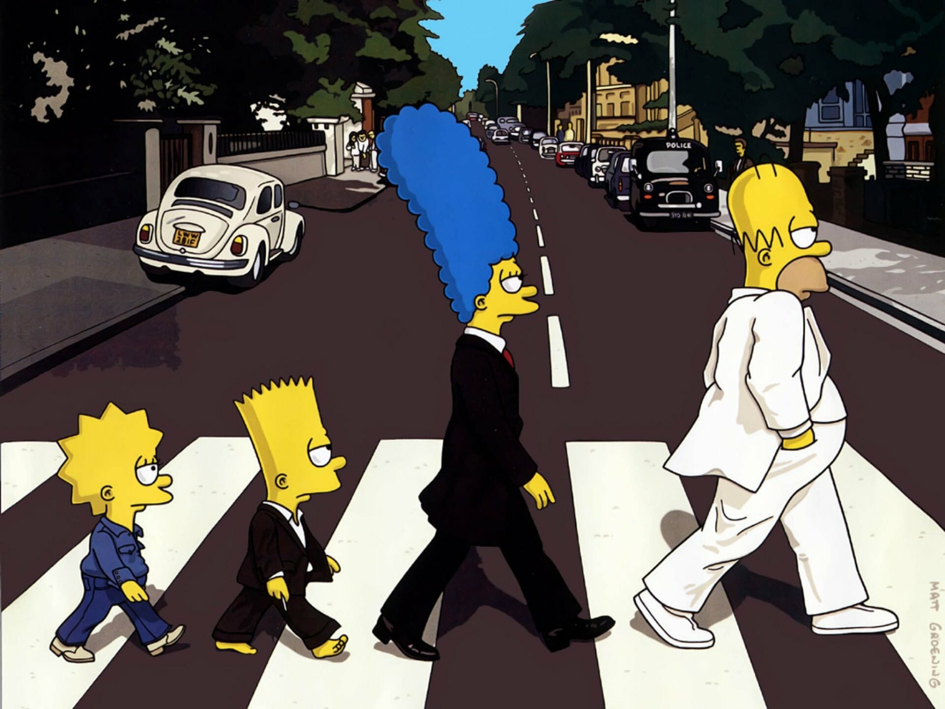 The Simpsons: Homer, Marge, Bart, and Lisa on Abbey Road, Animated series. 1920x1440 HD Wallpaper.