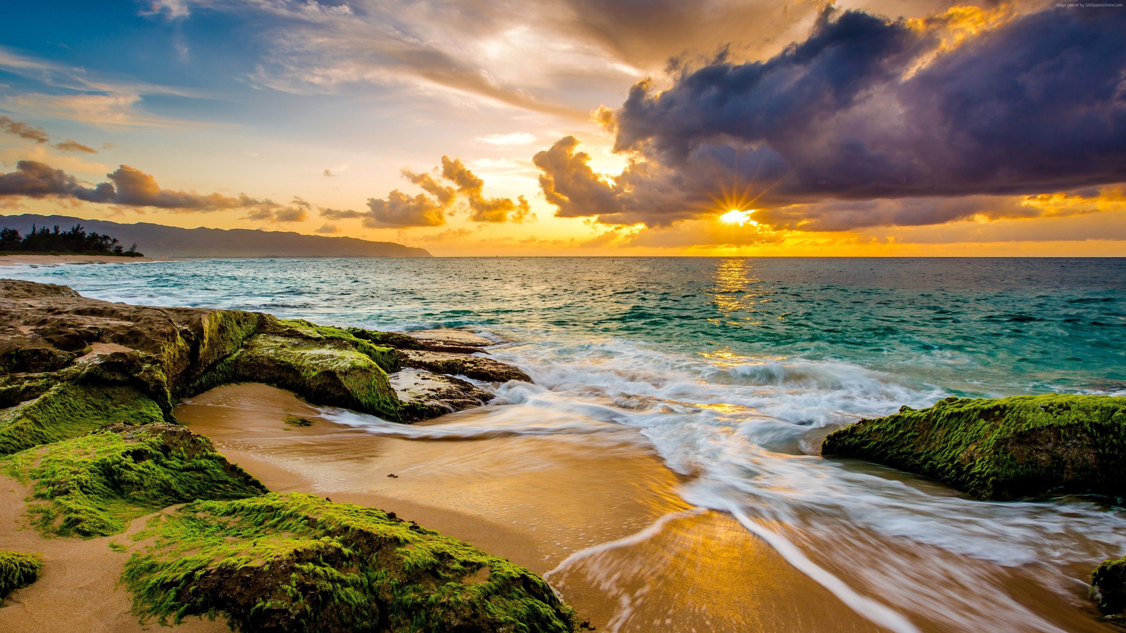 Hawaii beach coast, Ocean sunset, Sky, Hawaii landscape, 3840x2160 4K Desktop
