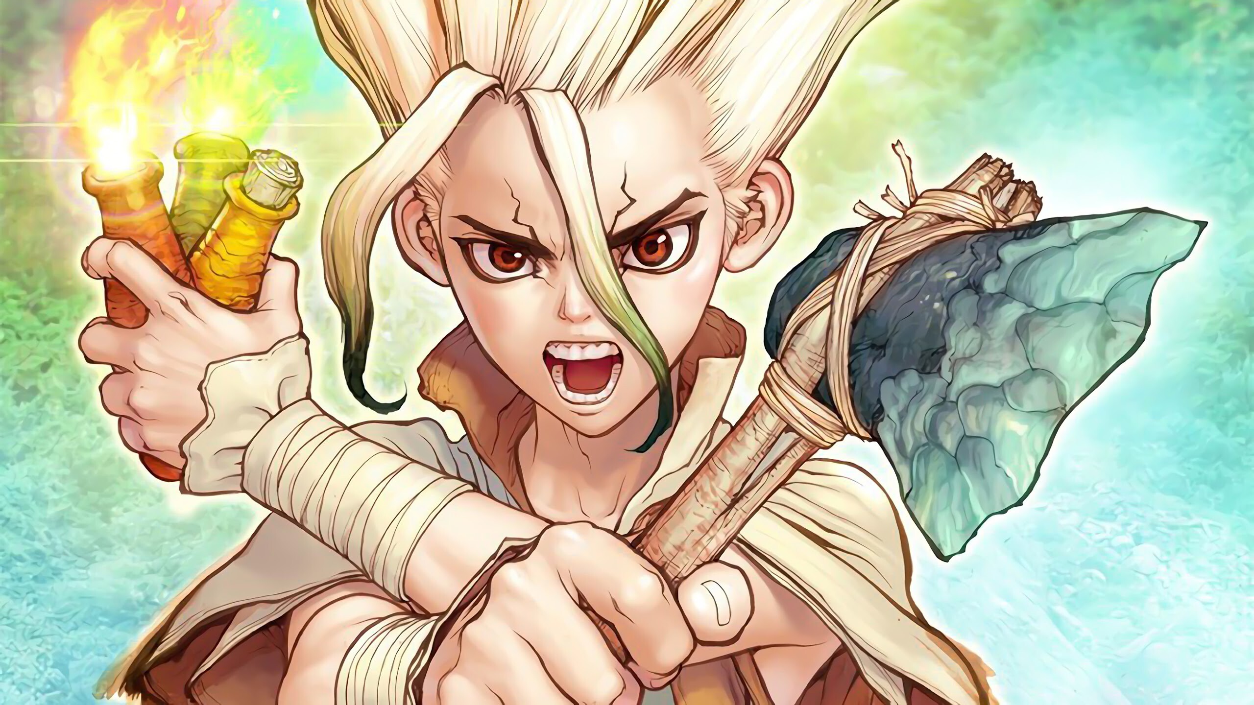 Dr.STONE: Revived to find himself in a world where all traces of human civilization have been eroded by time. 2560x1440 HD Background.