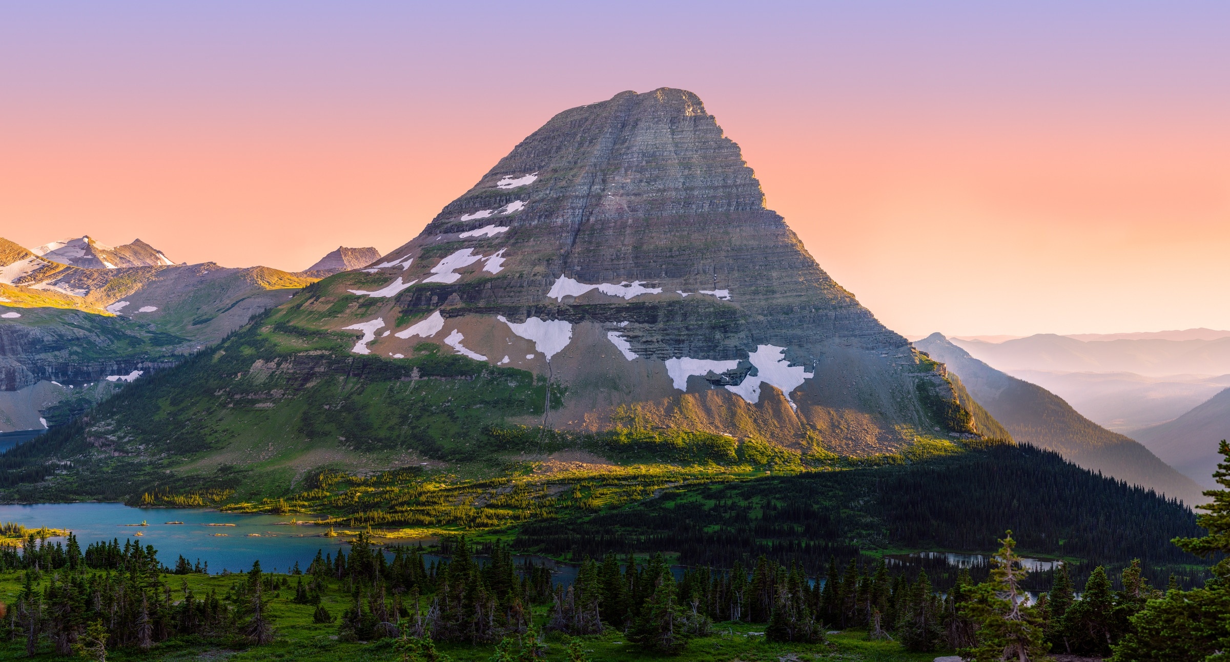 Glacier National Park, Mountain sunset, Striking wallpaper, Serene landscape, 2400x1300 HD Desktop