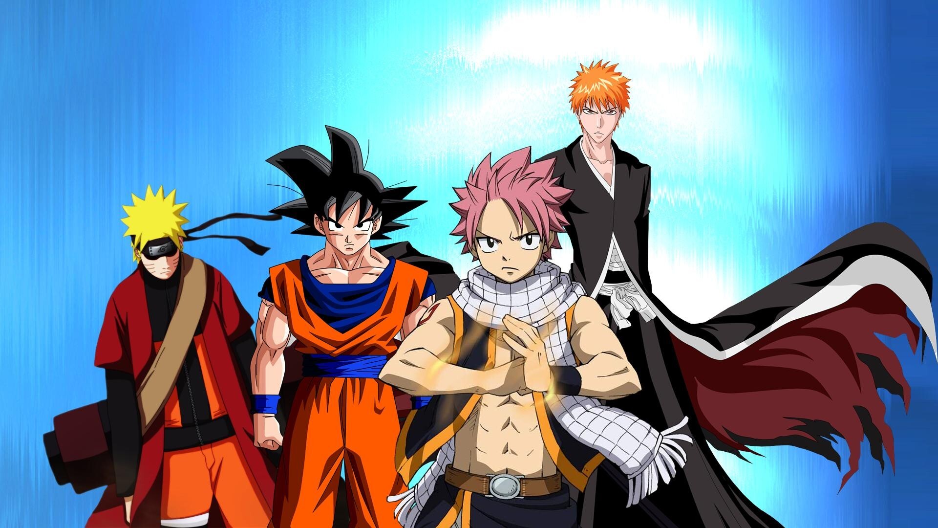 Goku and Naruto: Naruto's Six Paths Sage Mode, Luffy Gear 4th, Natsu y Ichigo, Superhuman strength. 1920x1080 Full HD Wallpaper.