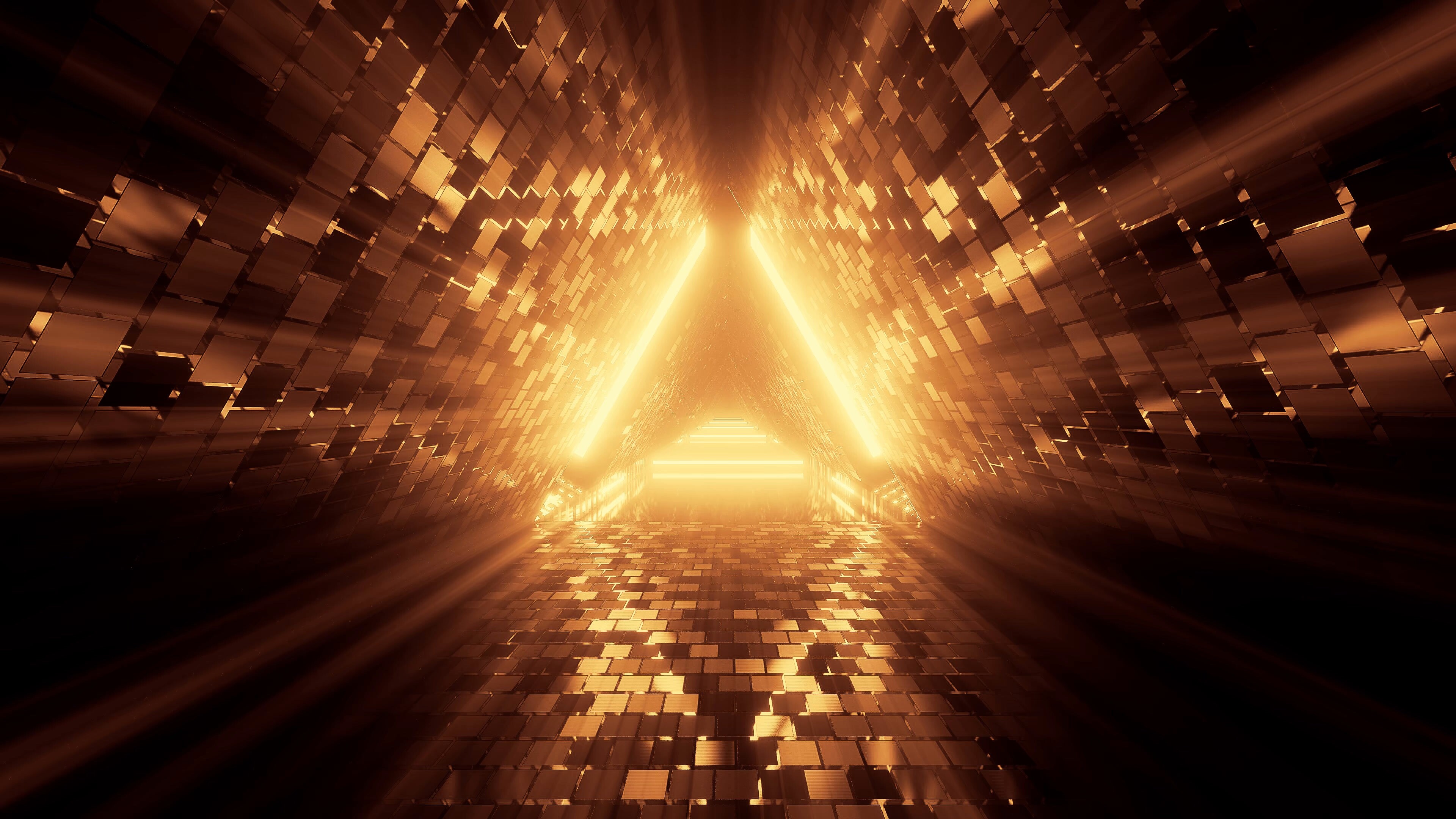 Gold Lights: Glowing light at the end of triangle tunnel, Decorative golden tiles, Abstract. 3840x2160 4K Wallpaper.