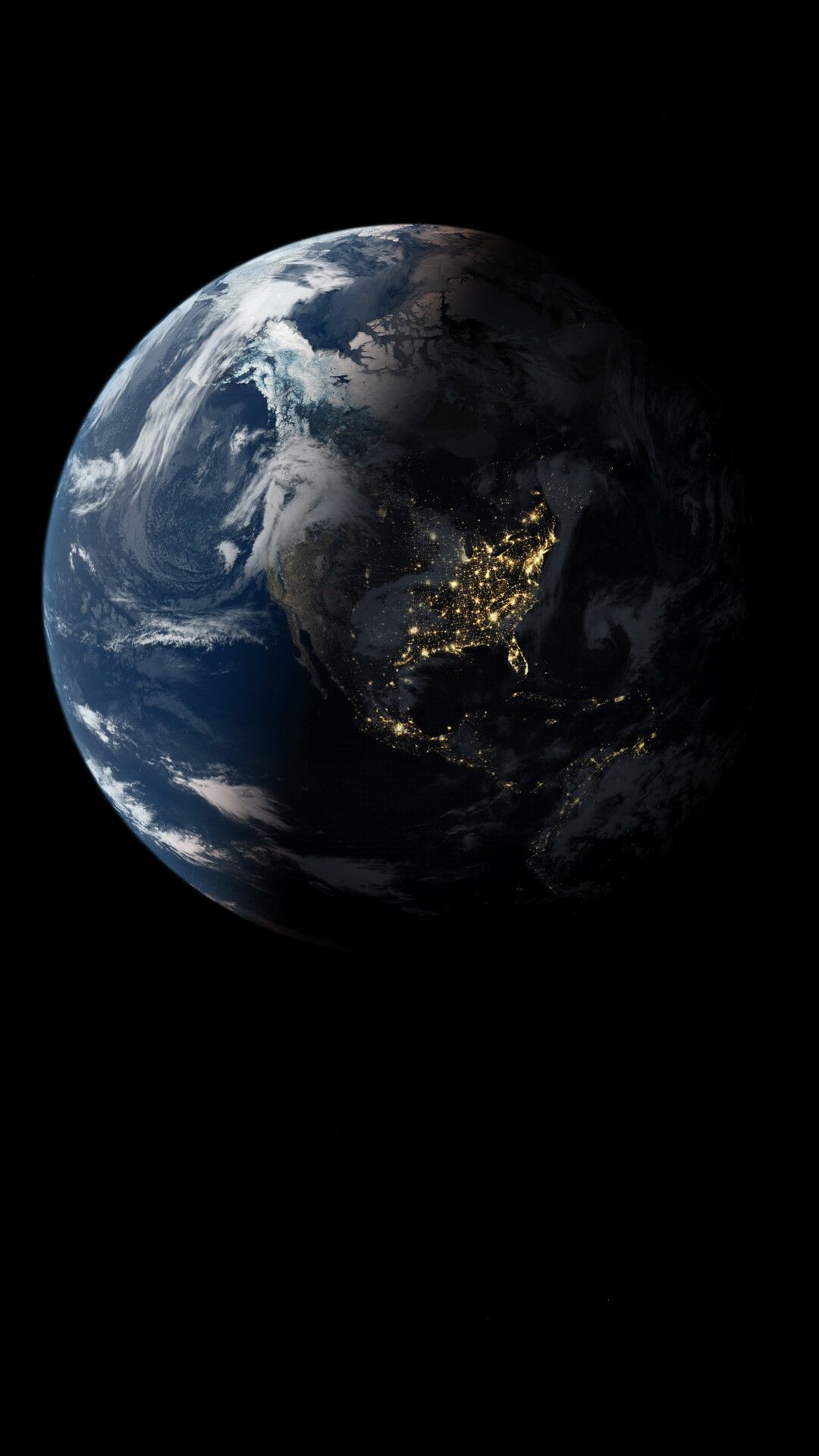 Earth at Night: Space, Oceans cover 71% of the planet's surface, Dusk. 1080x1920 Full HD Background.