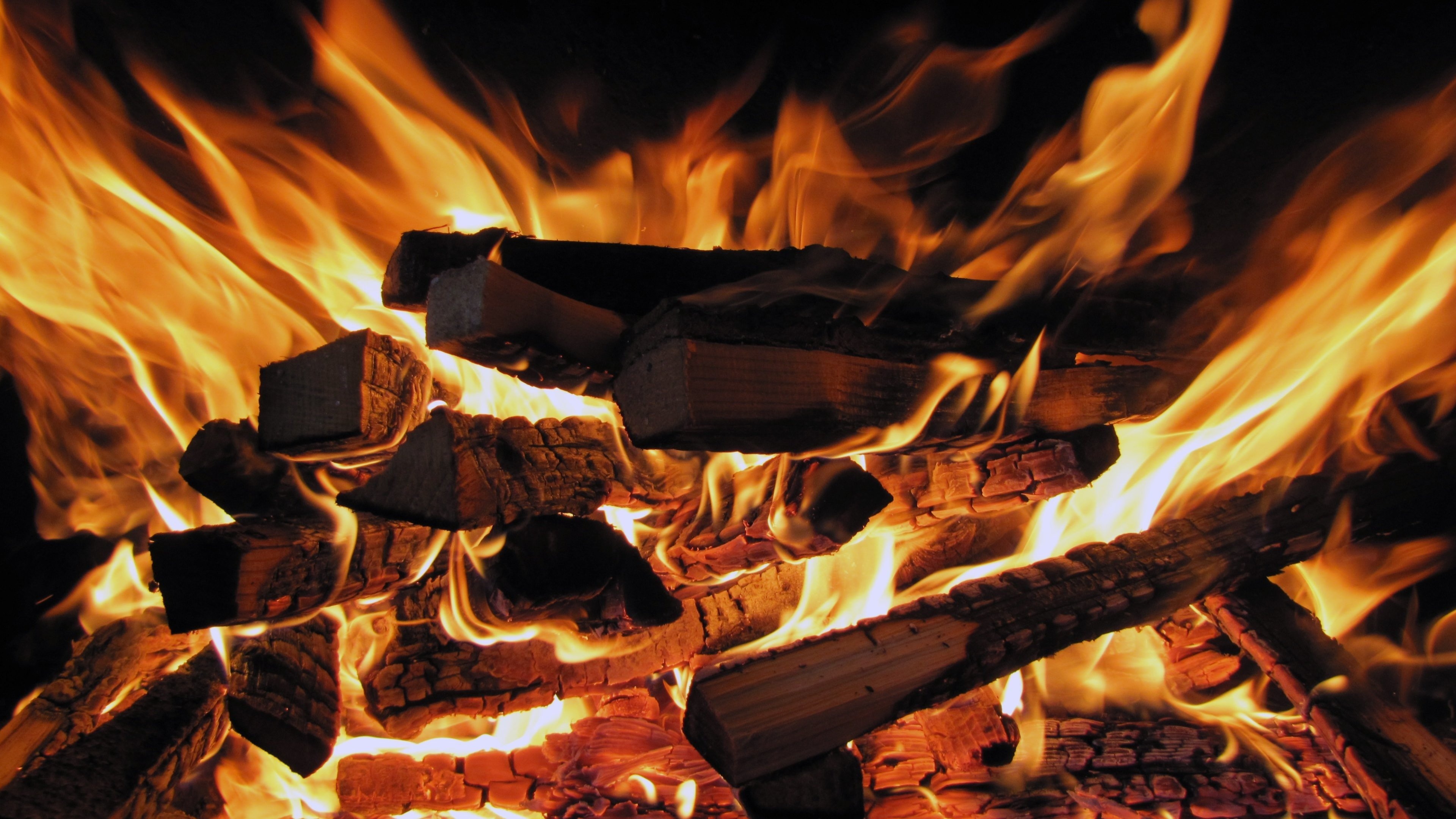 Fireplace: Campfire, Flame, Wood burning. 3840x2160 4K Wallpaper.