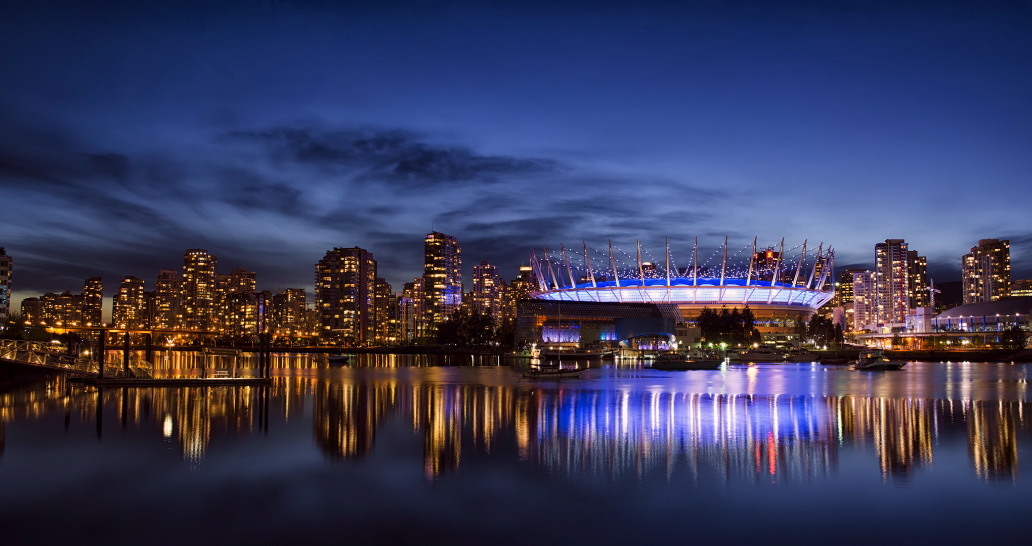 Striking reflection of Vancouver, City lights on water, Captivating urban scenery, Breathtaking views, 2040x1080 HD Desktop