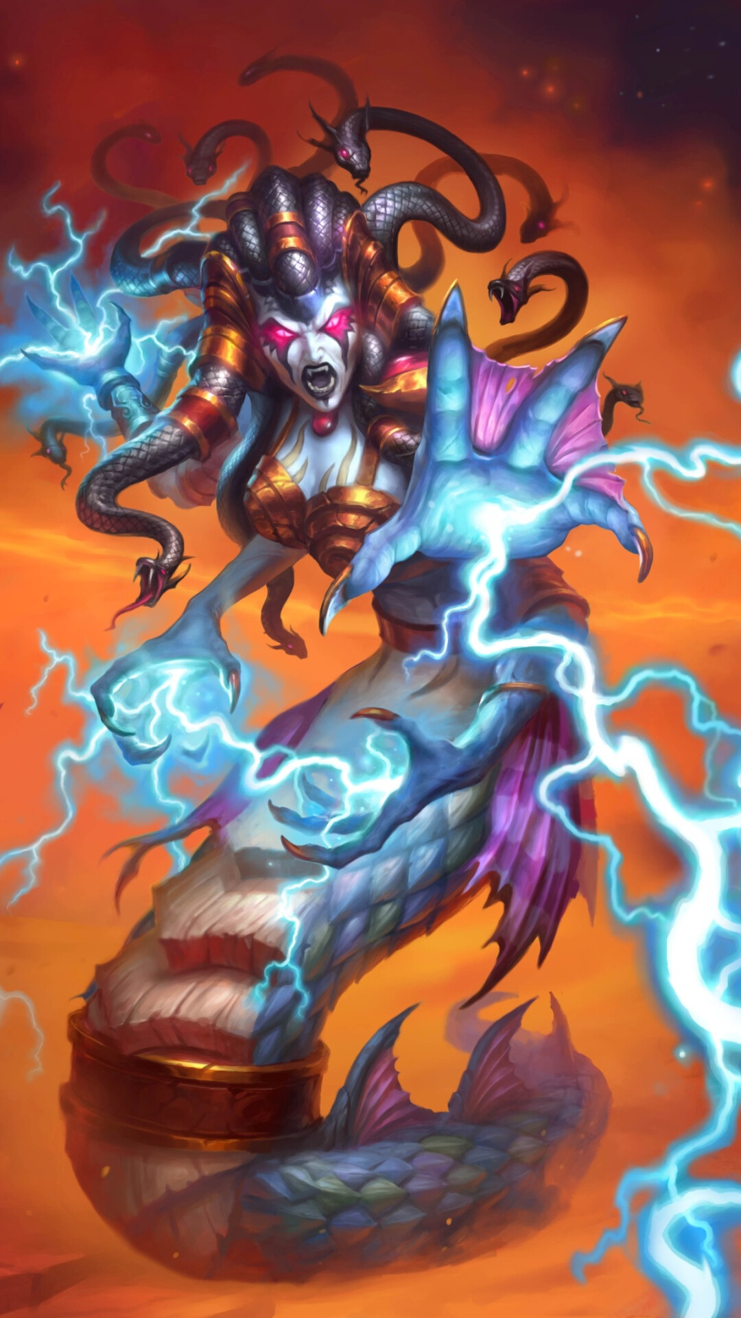 Hearthstone: Lady Vashj, A legendary shaman minion card, from the Ashes of Outland set. 1080x1920 Full HD Wallpaper.