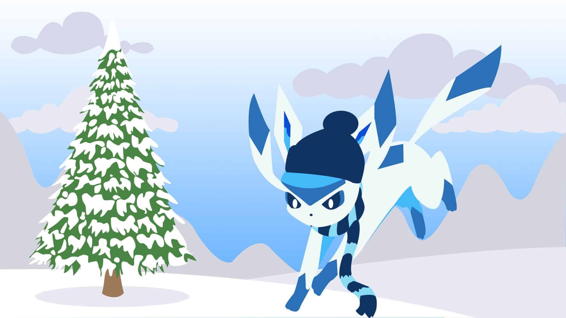 Glaceon: Winter, A Pokemon with long, pointed ears, dark eyes, and a small nose, A quadruped mammalian creature. 1920x1080 Full HD Wallpaper.