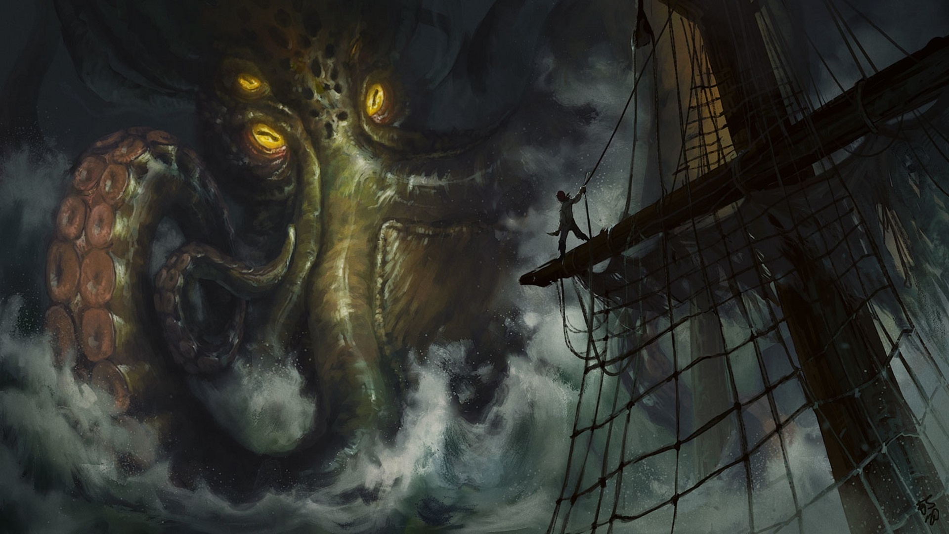 Kraken vs sailing ship, Fantasy art scenery, Nautical adventure wallpaper, Epic battle, 1920x1080 Full HD Desktop