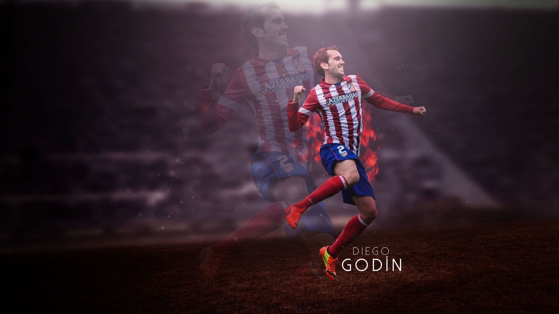 Atletico Madrid: Diego Godin, The club lost the 1974 European Cup Final to Bayern Munich. 1920x1080 Full HD Background.
