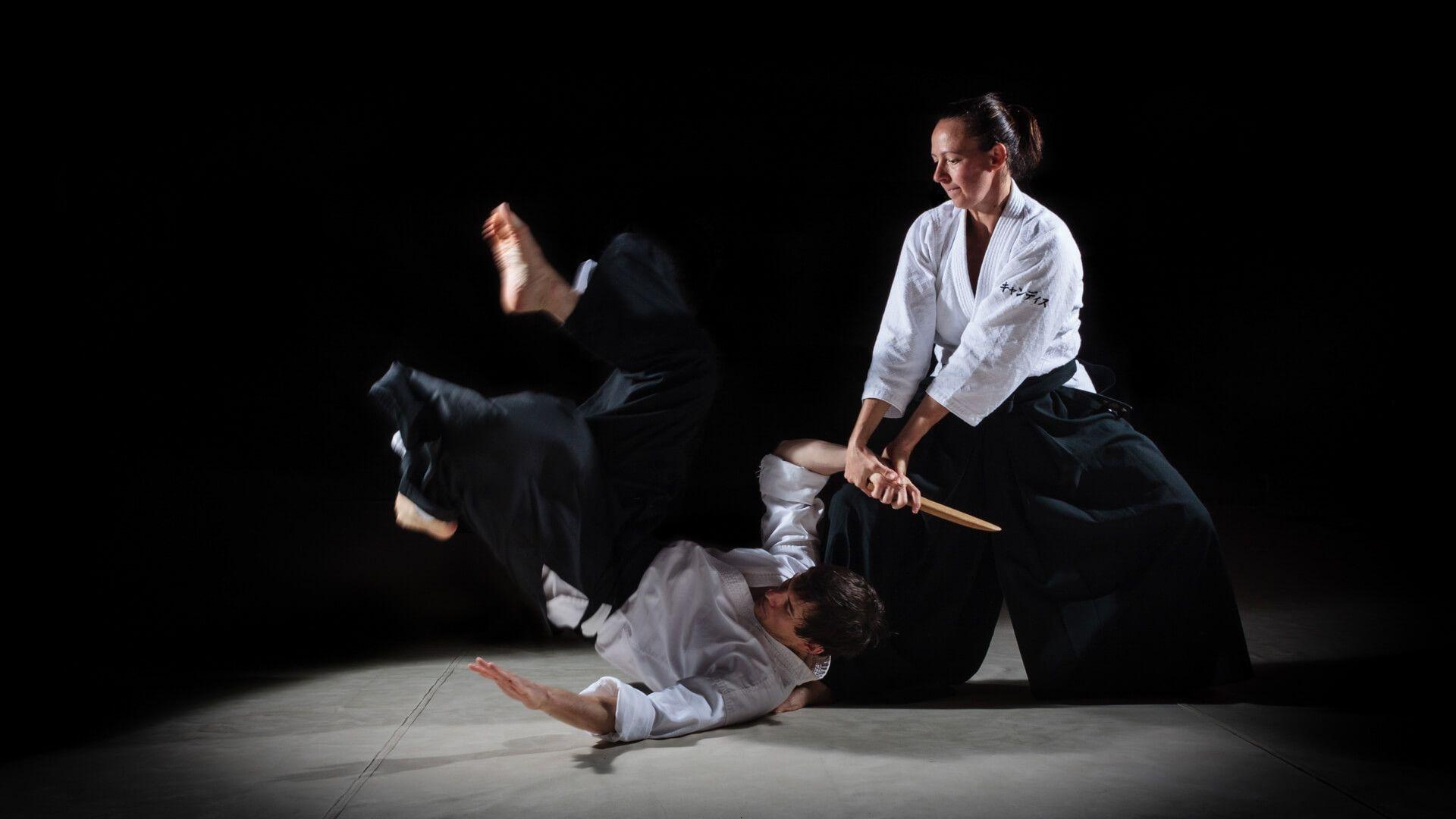 Aikido: Slanted breath throw technique performed by a tori to disarm uke, Martial arts. 1920x1080 Full HD Wallpaper.