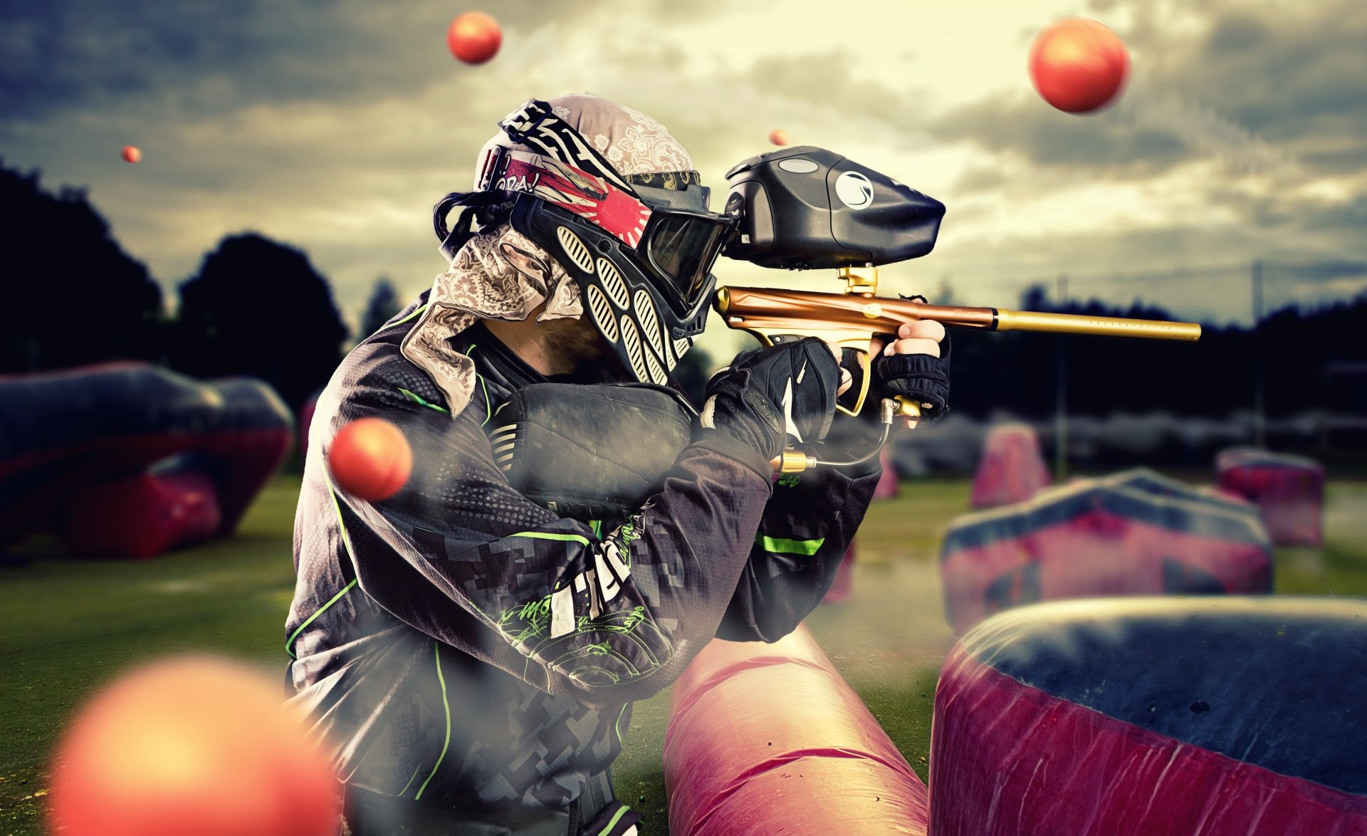 Paintball: Competitive action sport, Shooting opponents with a paint gun. 1920x1180 HD Background.