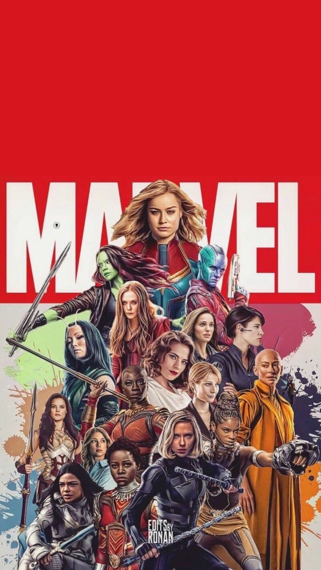 Marvel Girls: Carol Danvers, Wanda Maximoff, Black Widow, Okoye, Mantis, Valkyrie, Gamora, Pepper Potts. 1130x2000 HD Background.