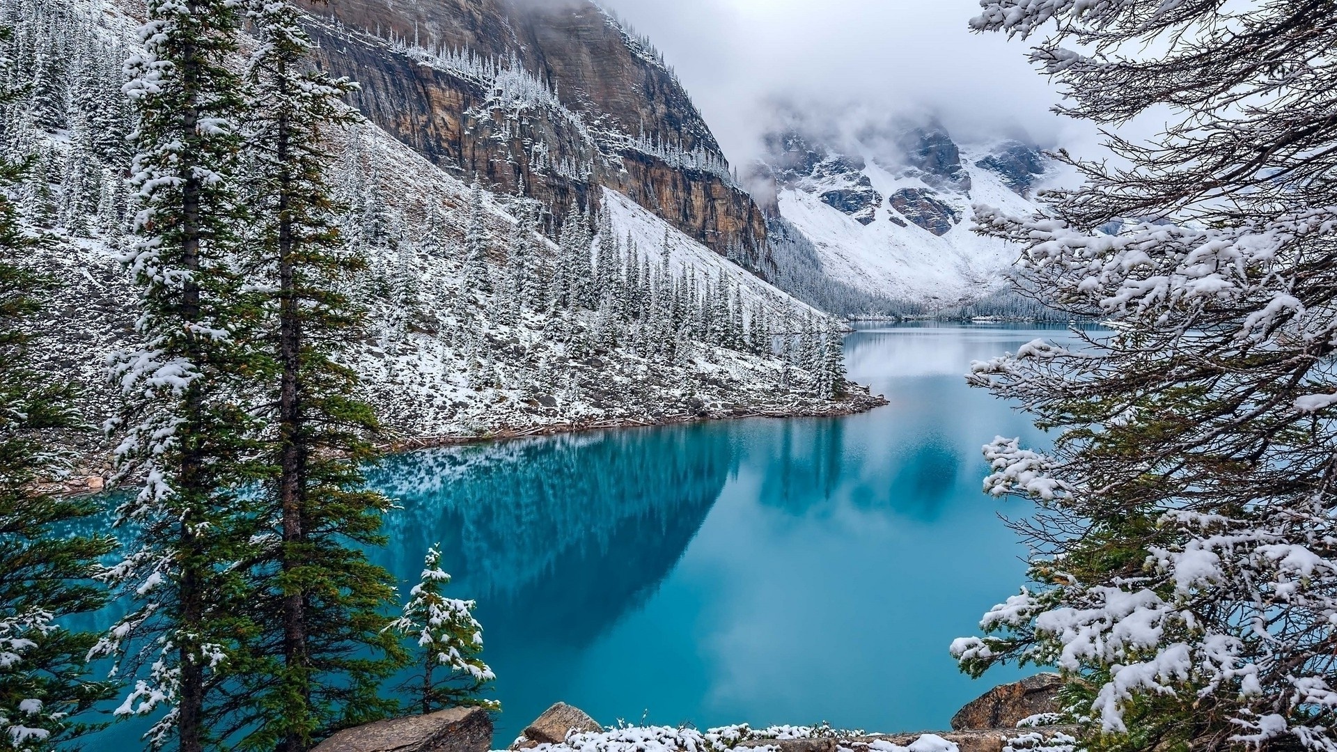 Lake Louise, Winter wonderland, Frozen water beauty, Tranquility in nature, 1920x1080 Full HD Desktop