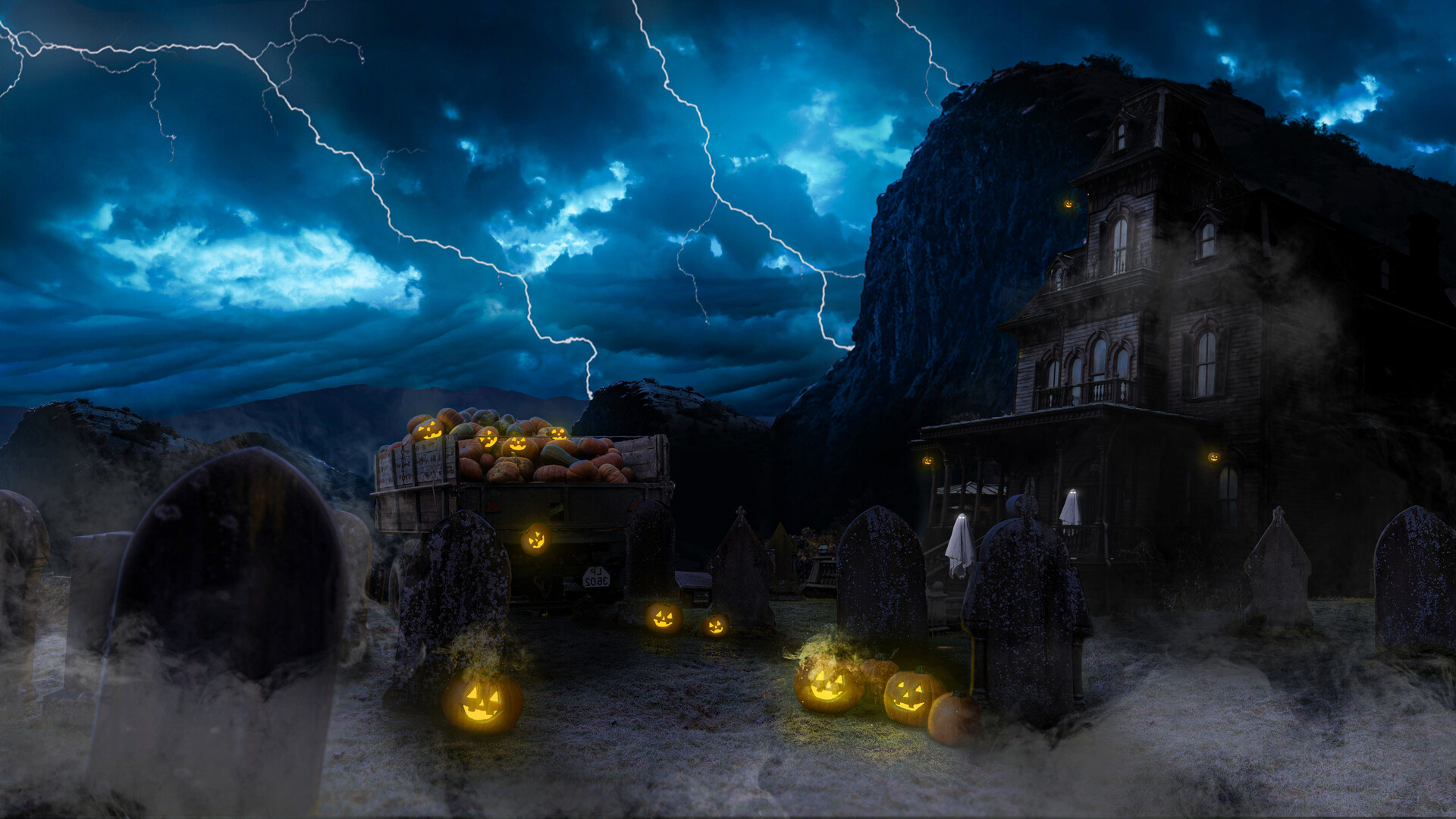 Halloween haunted house, Artistic representation, Spine-chilling visuals, Ghostly presence, 1920x1080 Full HD Desktop