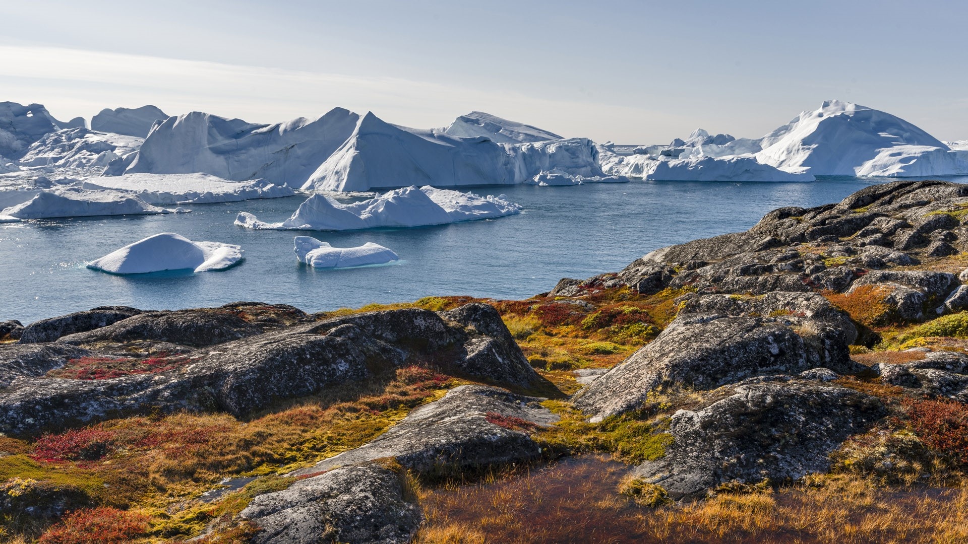 Greenland: Ilulissat Icefjord (Ilulissat Kangerlua) at Disko Bay in autumn. 1920x1080 Full HD Background.