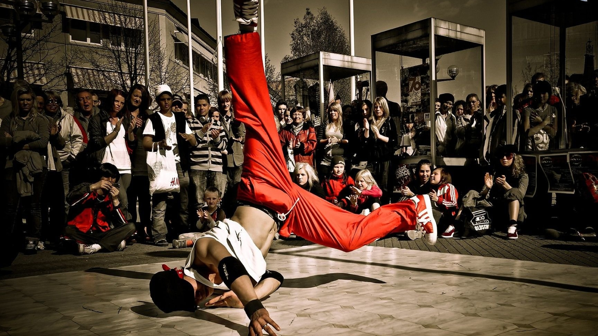 Breakdancing: Hip hop and athletic dance, Downrock moves by b-boy, Red Bull BC One. 1920x1080 Full HD Background.