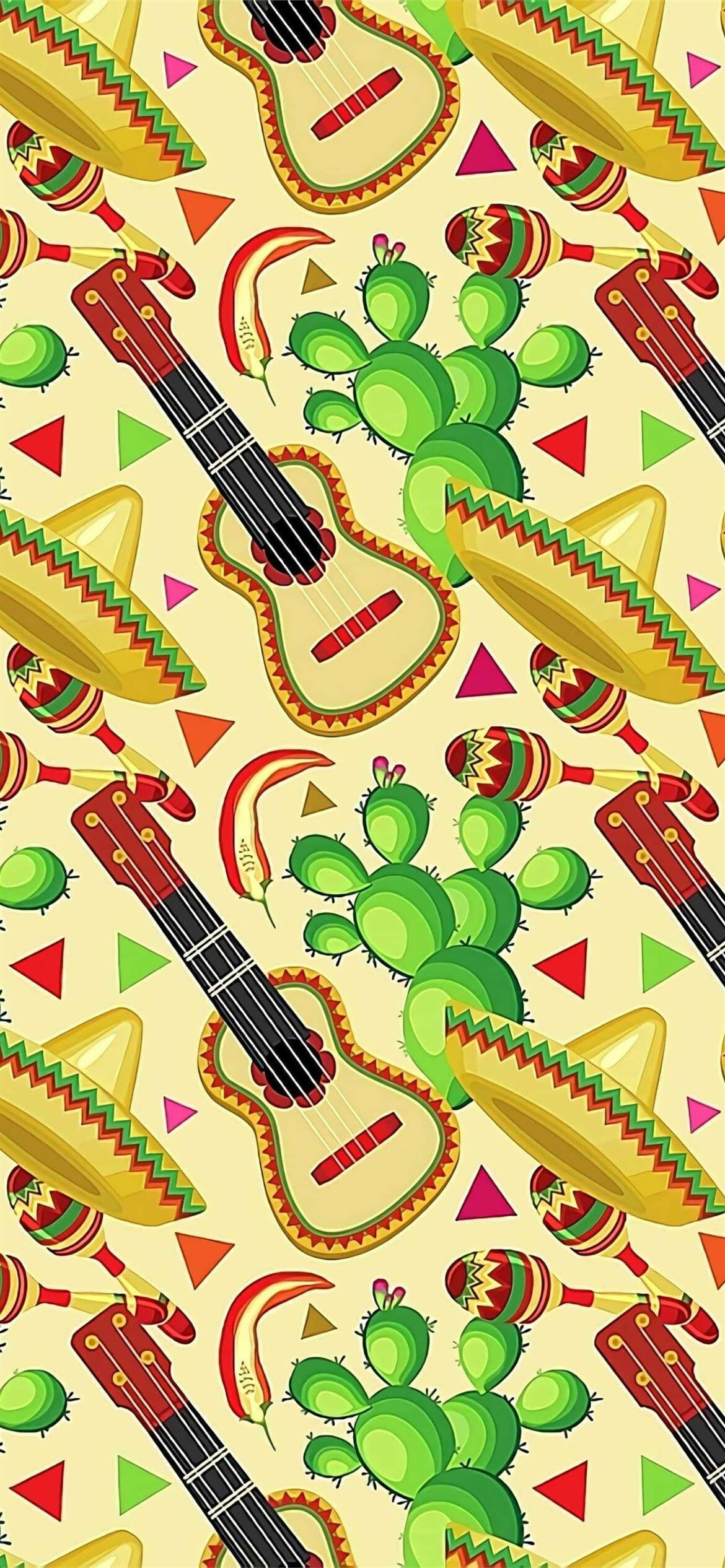 Mexican Fiesta: Guitar, Sombrero, Maracas, Chili, Cactus, Party. 1170x2540 HD Wallpaper.