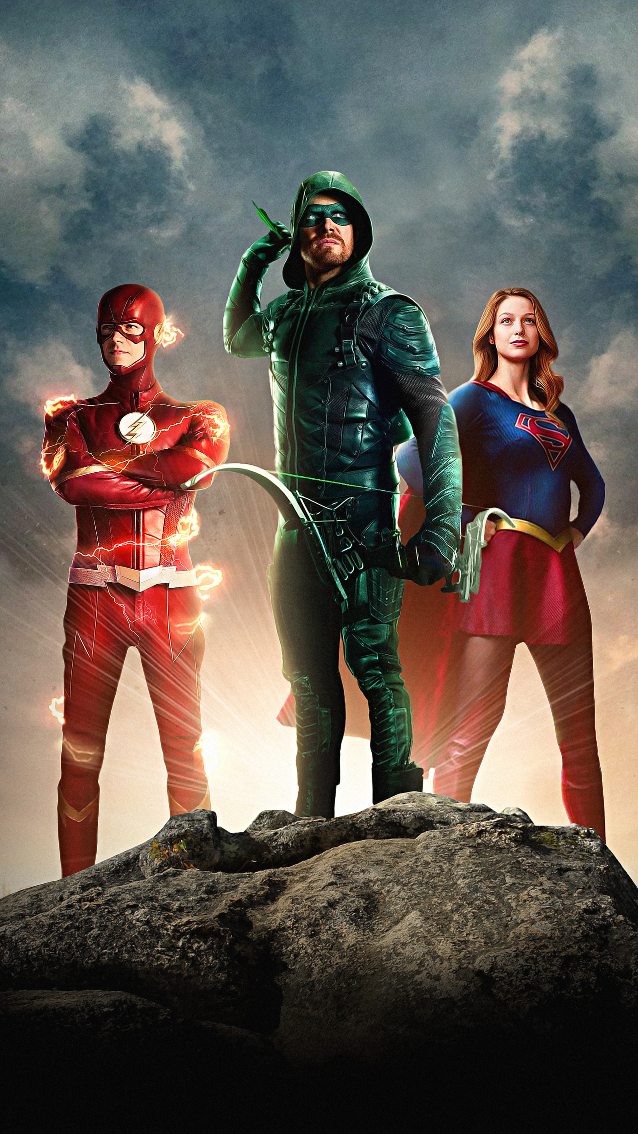 Green Arrow and Flash: Grant Gustin, Stephen Amell, Melissa Benoist, Kara Zor-El, Kara Danvers, Supergirl. 2160x3840 4K Wallpaper.