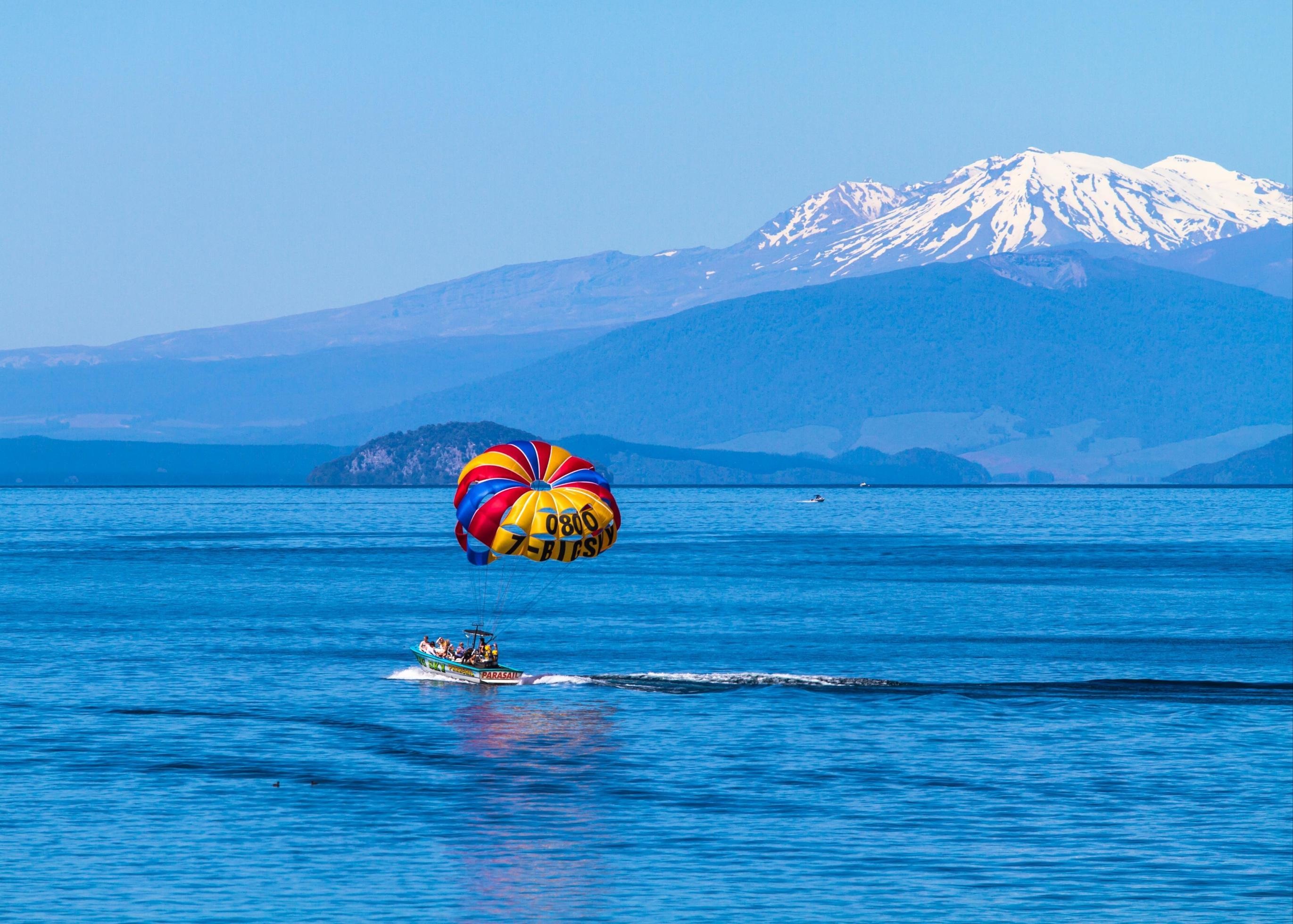 Parasailing: New Zealand, Paragliding, An active lifestyle, Watersports, North Island, Taupo, 2020. 2750x1960 HD Background.