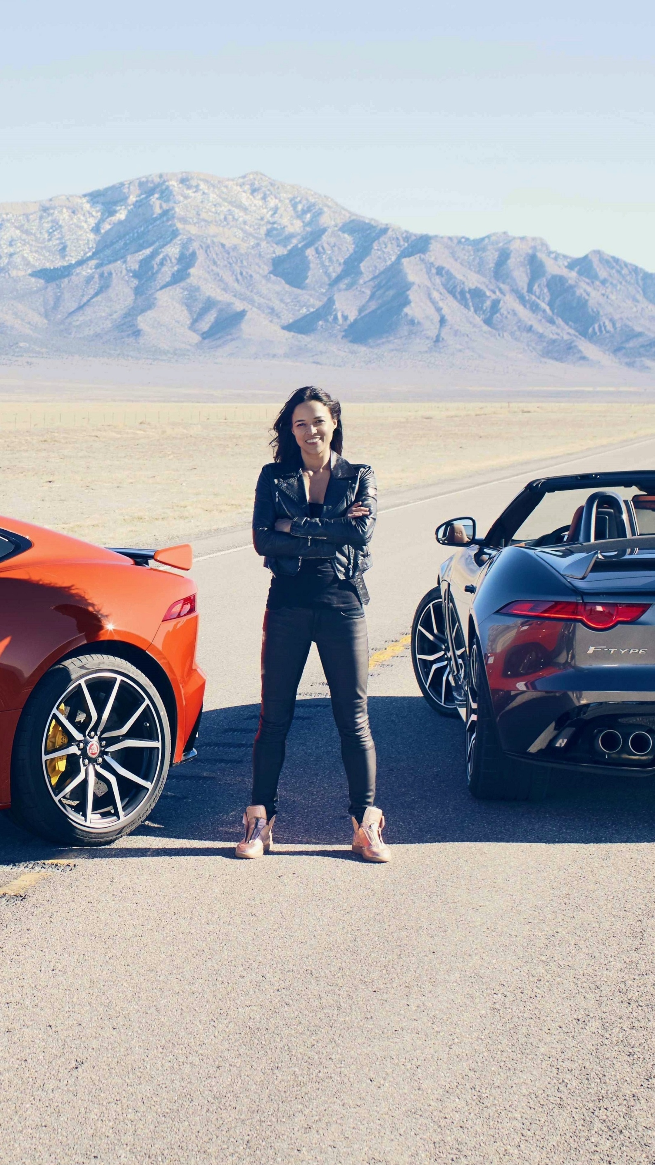 Michelle Rodriguez, Jaguar sports car, Sony Xperia wallpapers, Celebrity, 2160x3840 4K Handy