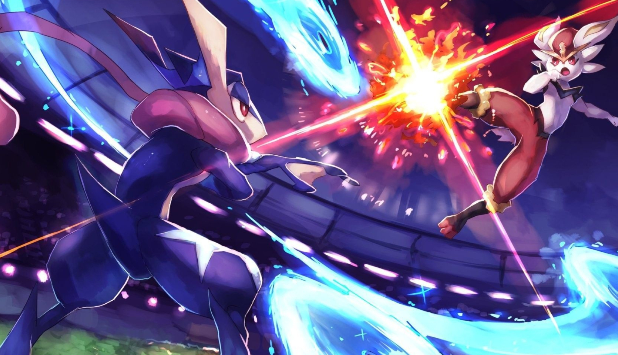 Greninja: A Japanese media franchise centered on fictional creatures called Pokemon. 2050x1180 HD Background.