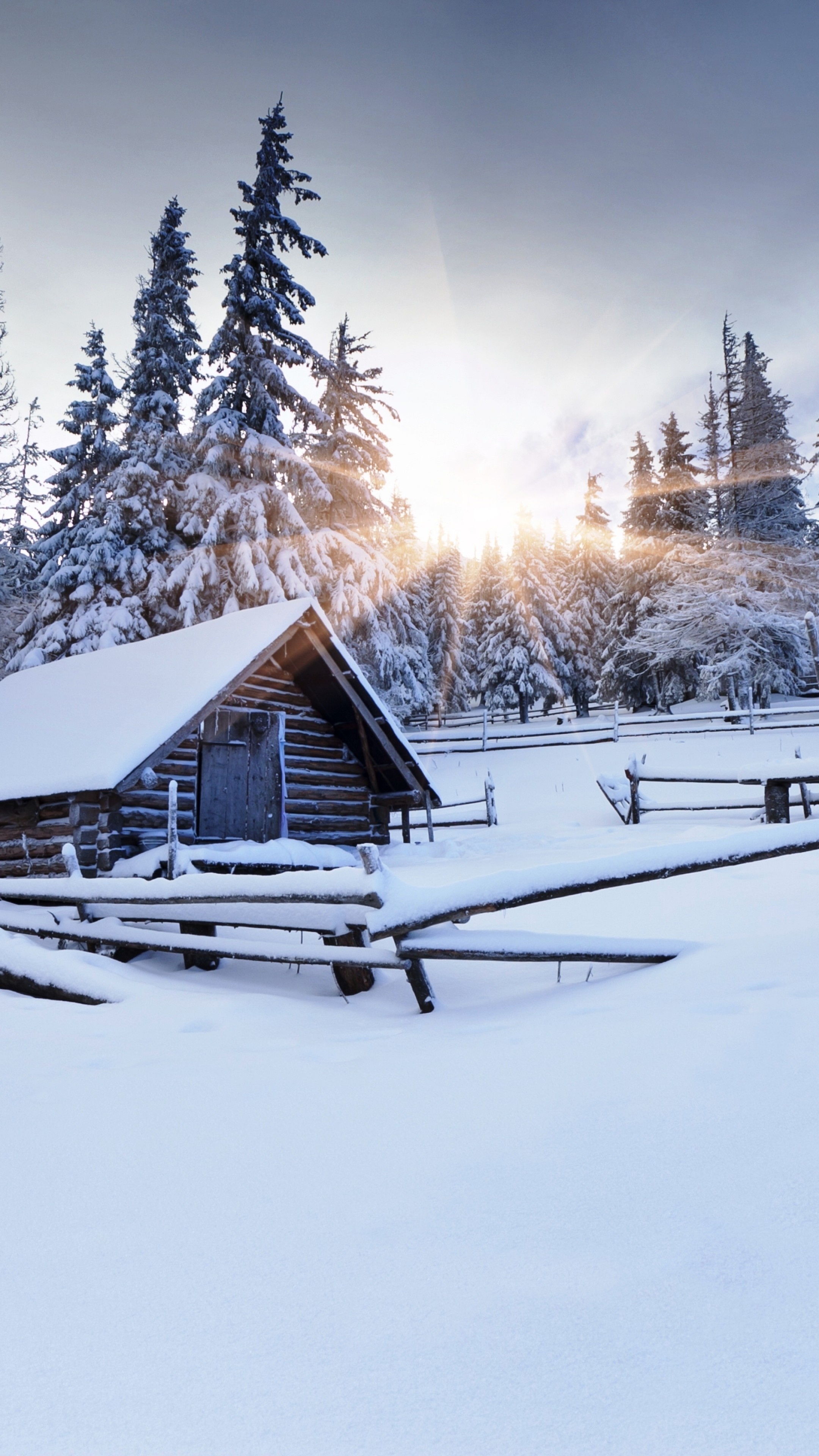Winter forest wonderland, Snow-covered mountains, Cozy village houses, Enchanting landscape, 2160x3840 4K Handy