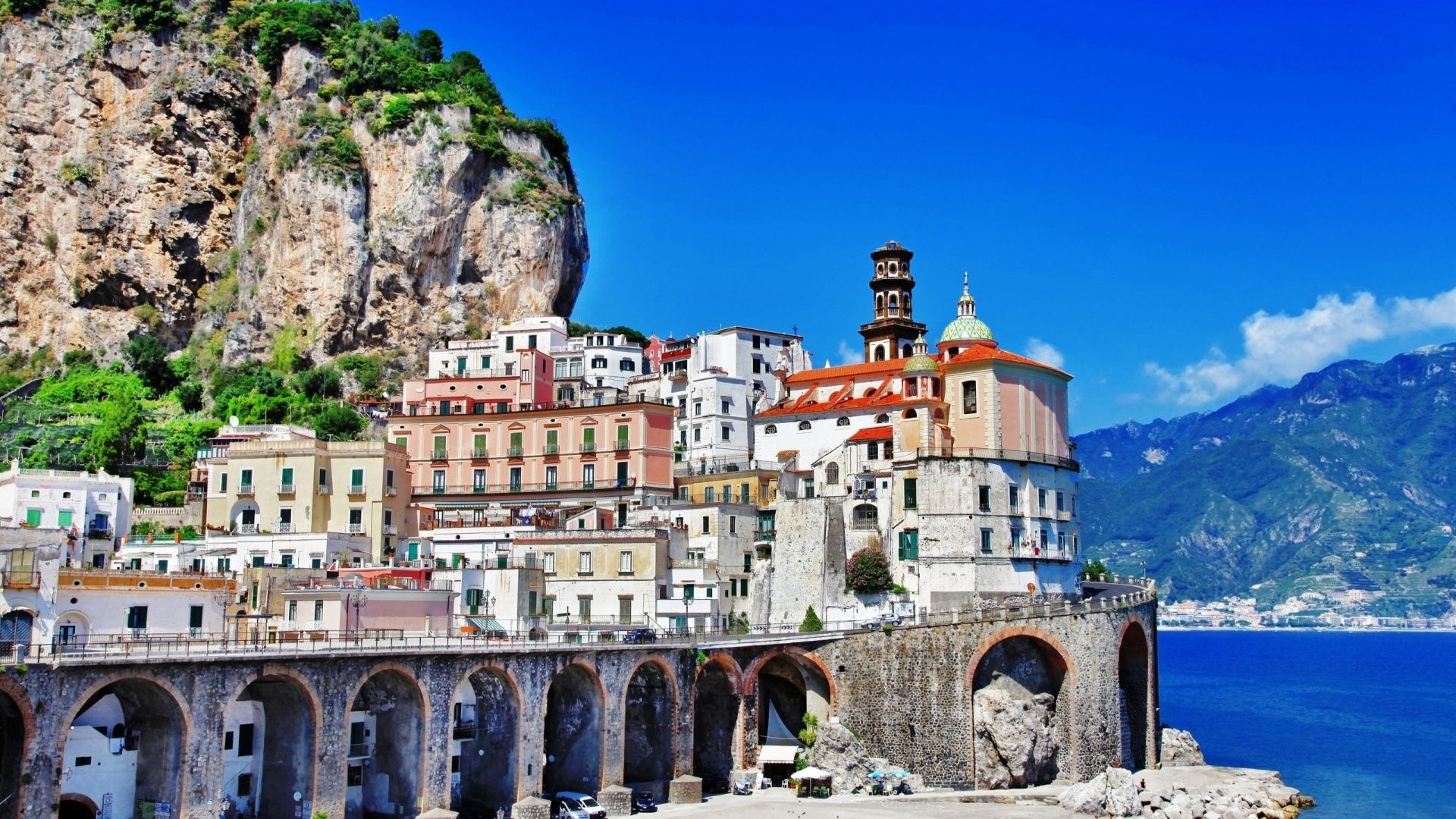 Town: Atrani, The Amalfi Coast, The Collegiate Church of St Mary Magdalene, The Campania region of south-western Italy. 1920x1080 Full HD Wallpaper.