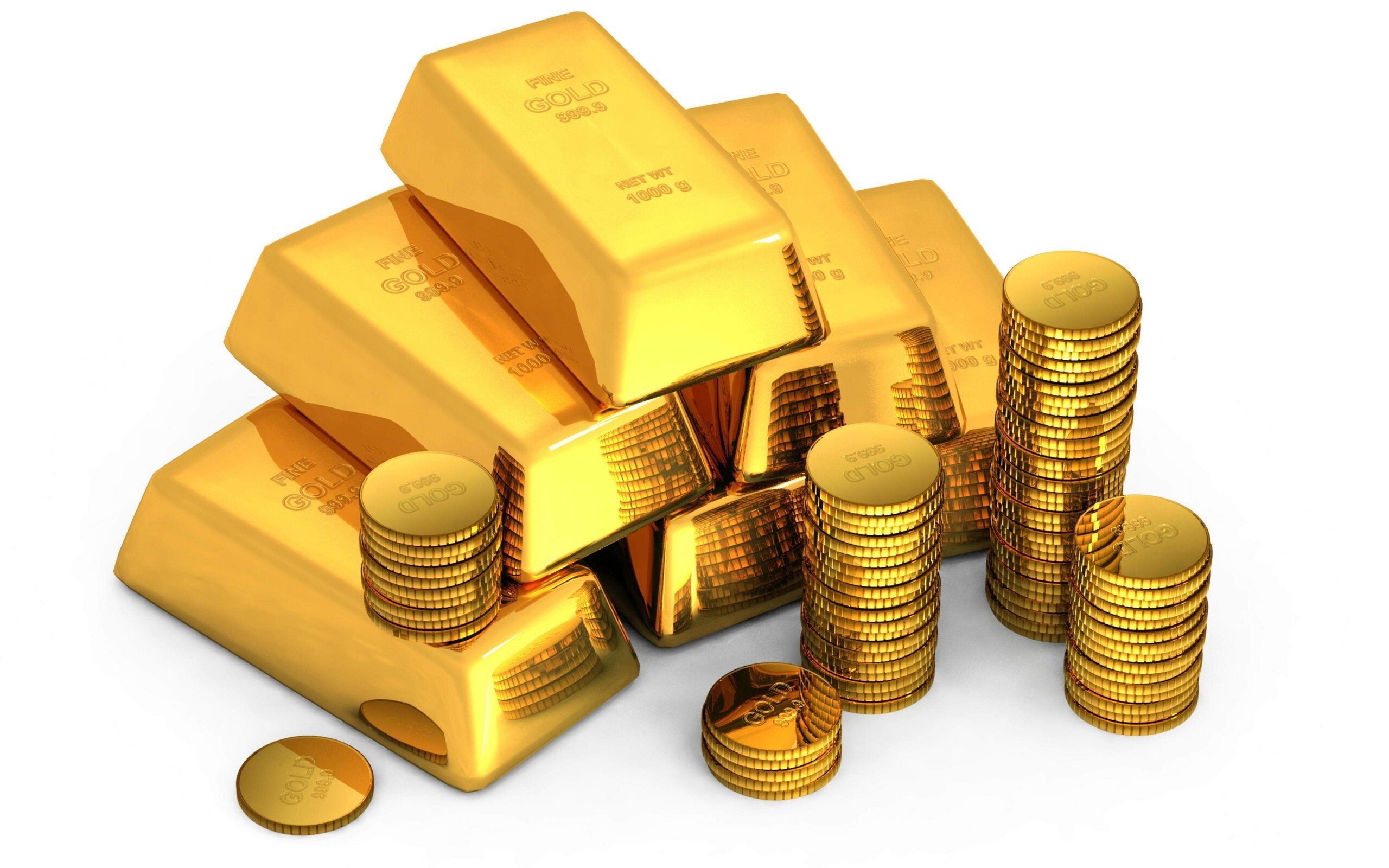Gold Coins: 1 kg gold bullion bars, Stack of coins, A bulk quantity of precious metal. 2560x1600 HD Background.