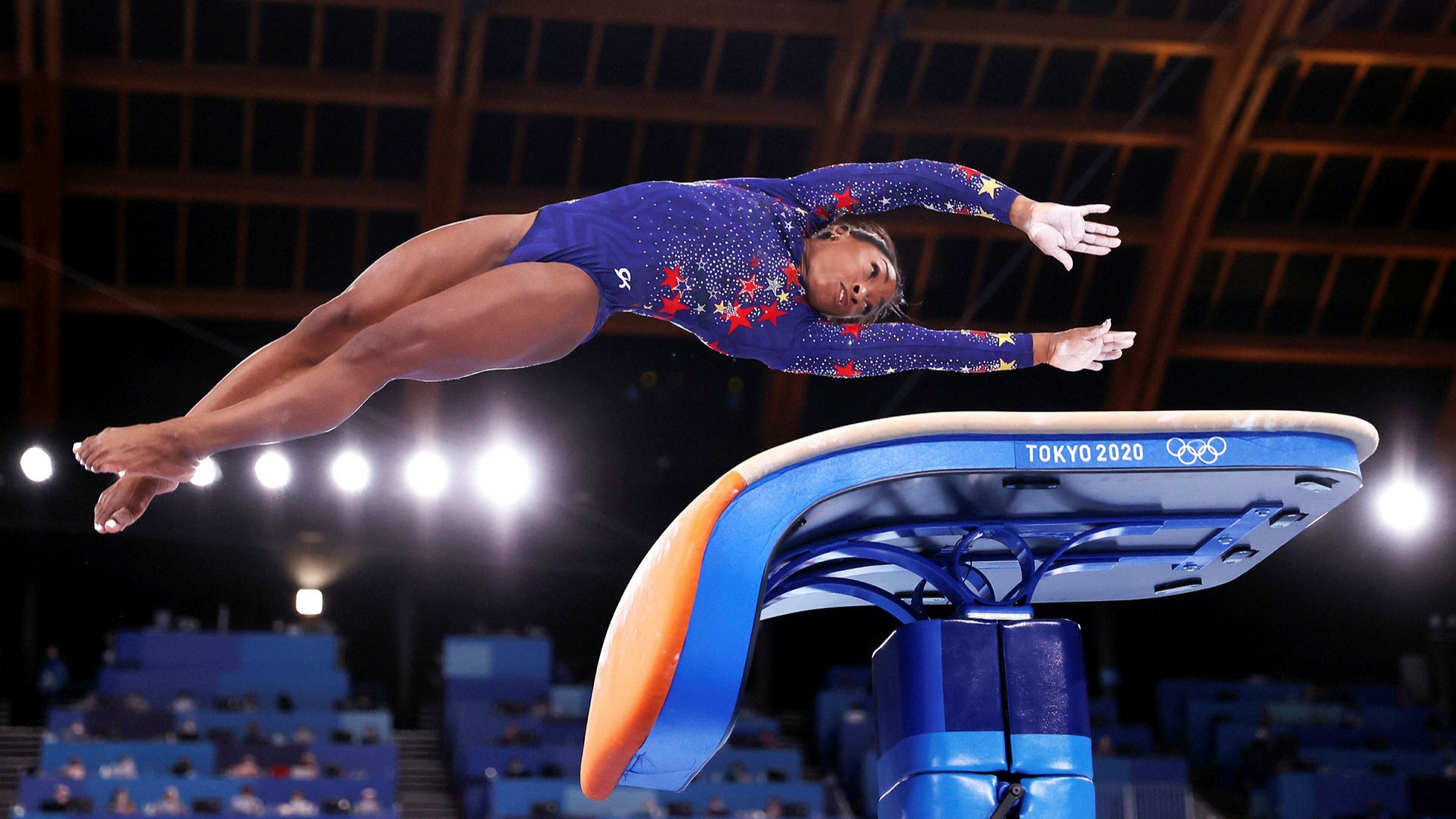 Vault (Gymnastics): Simone Biles, A three-time World balance beam champion, The 2020 Tokyo Summer Olympics team event silver medalist. 2400x1350 HD Background.