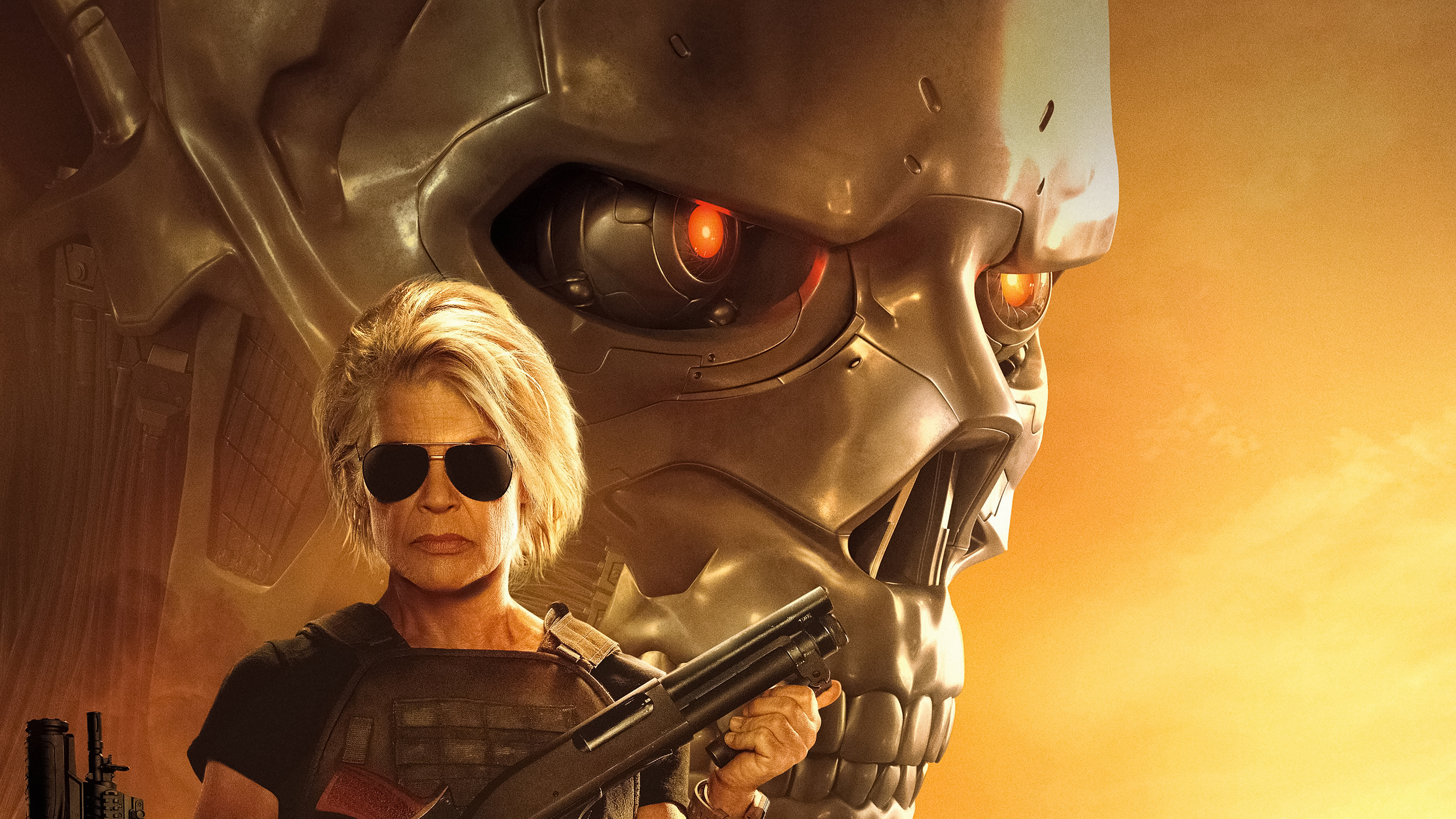 Terminator: Dark Fate: Sarah Connor fights an advanced liquid cyborg from hunting down a girl. 3380x1900 HD Background.