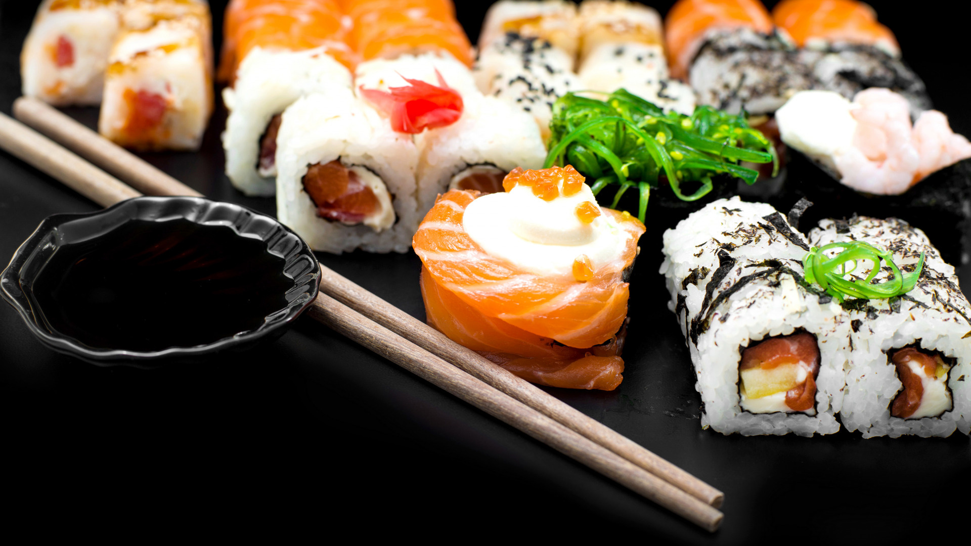 Sushi: Rolls, Seafood, Japanese cuisine. 1920x1080 Full HD Wallpaper.