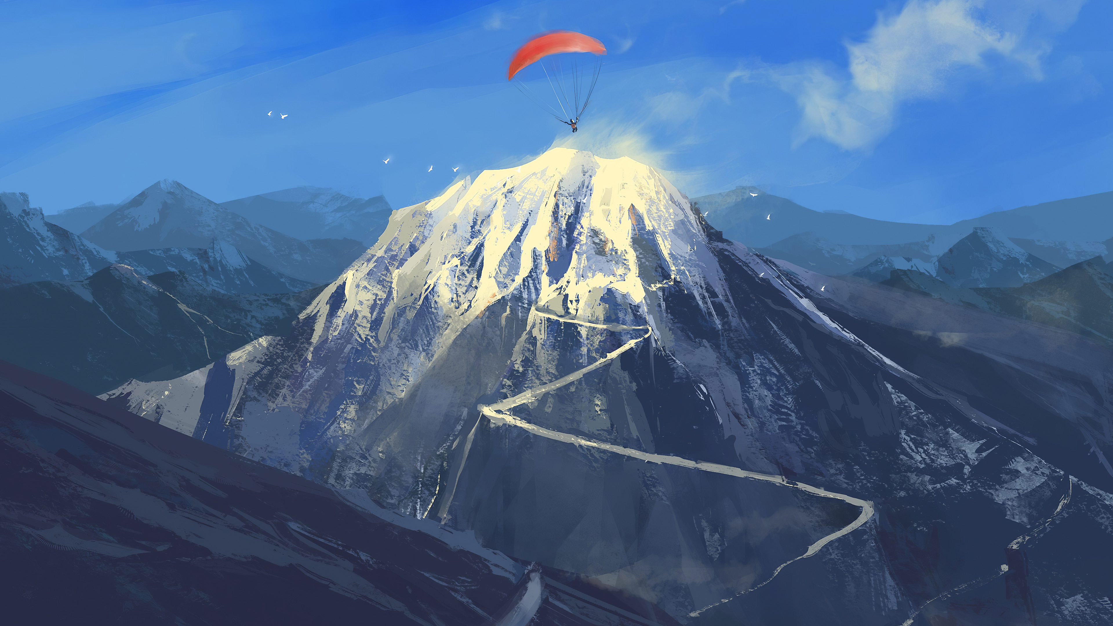 Paragliding: Adventure sport in the mountains, Fan art. 3840x2160 4K Background.