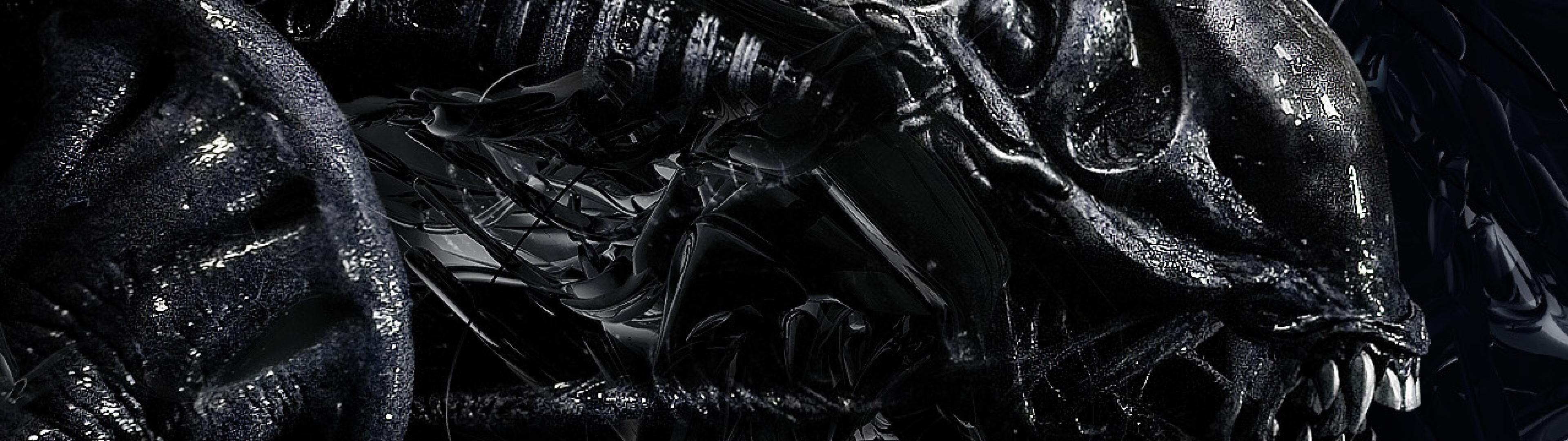 H.R. Giger: Chitin Armor, A Fictional Endoparasitoid Extraterrestrial Species From "Alien" Universe. 3840x1080 Dual Screen Wallpaper.