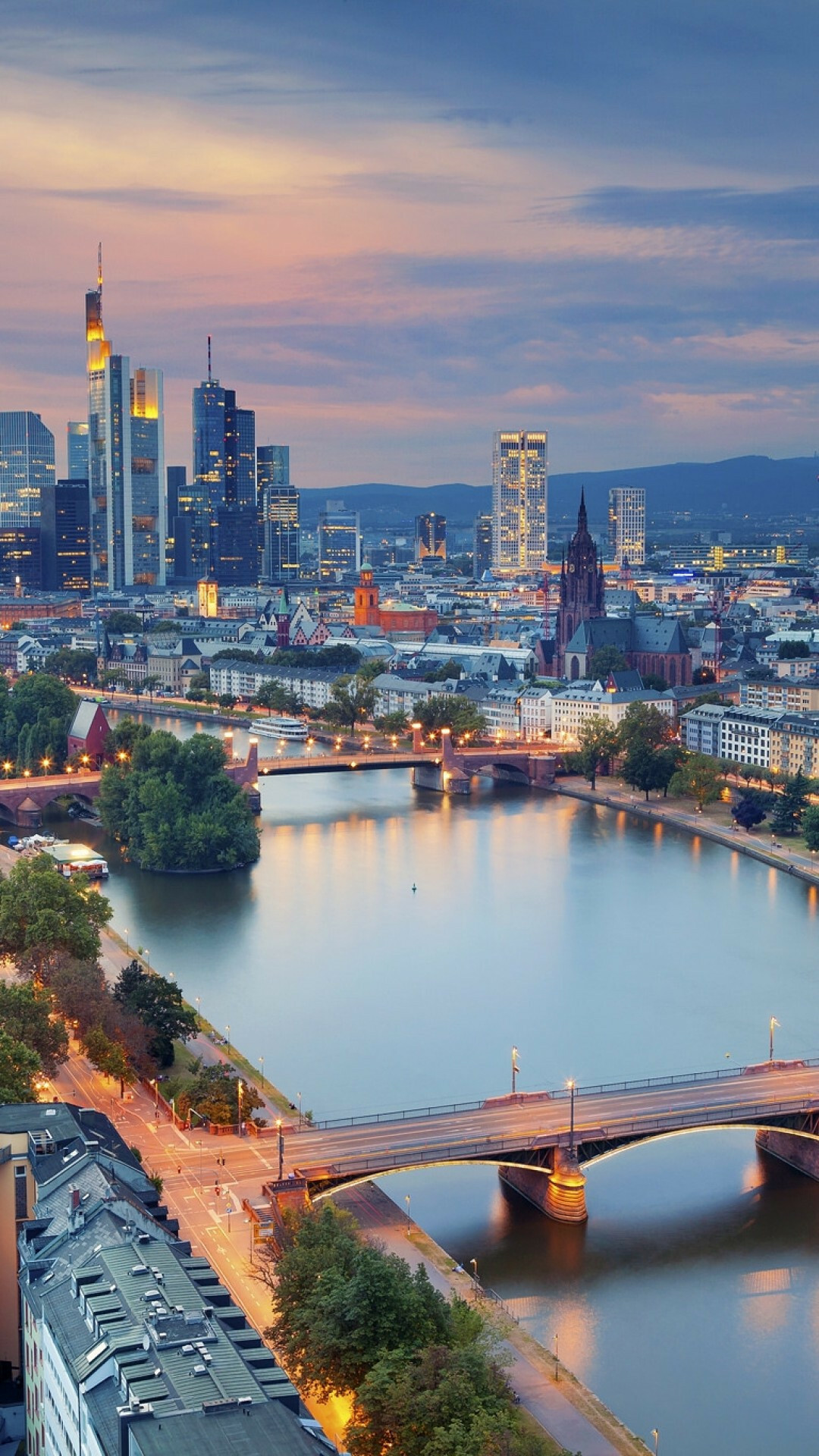 Germany Frankfurt cityscape, River bridge buildings, Architectural marvels, Urban atmosphere, 1080x1920 Full HD Phone