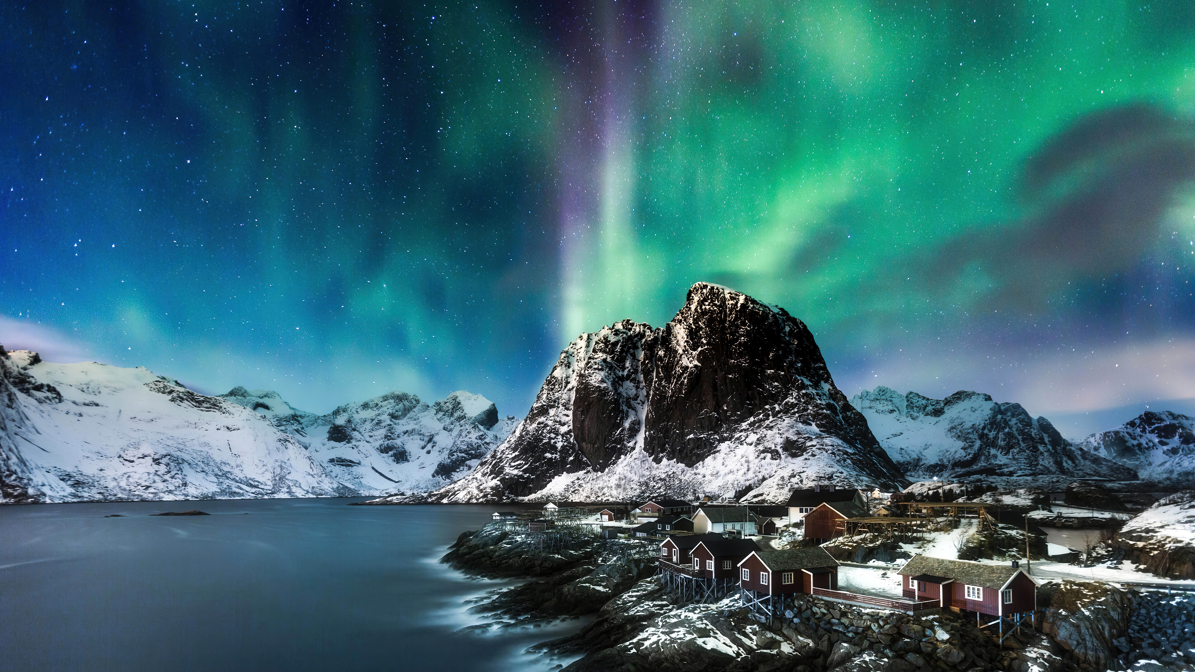 Aurora Borealis: The phenomenon commonly seen in the polar regions, Norway, Night, Mountain scenery. 3840x2160 4K Background.