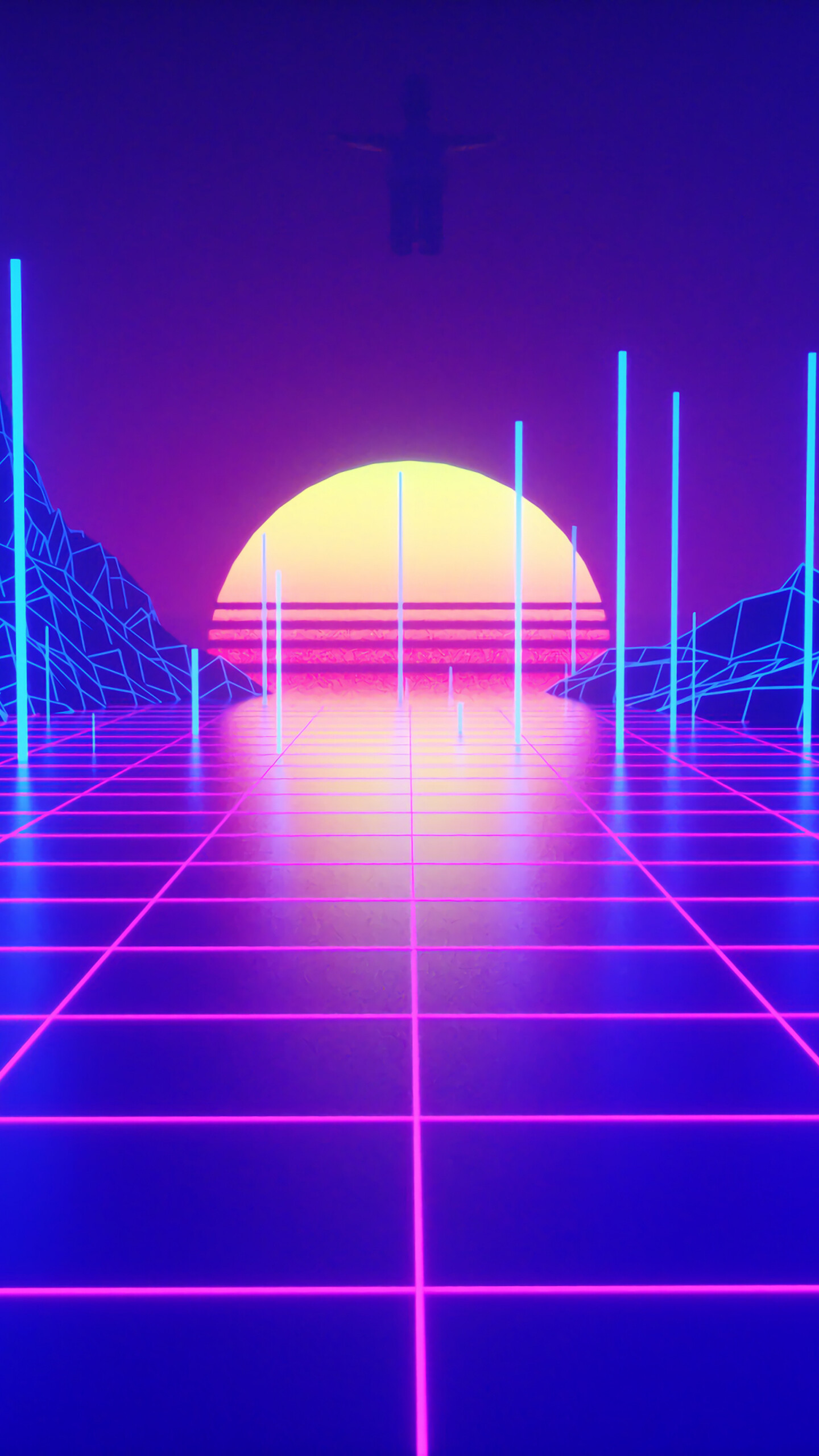 Neon: Retrowave Sunset, Abstract Digital Art, Electric blue. 1440x2560 HD Background.