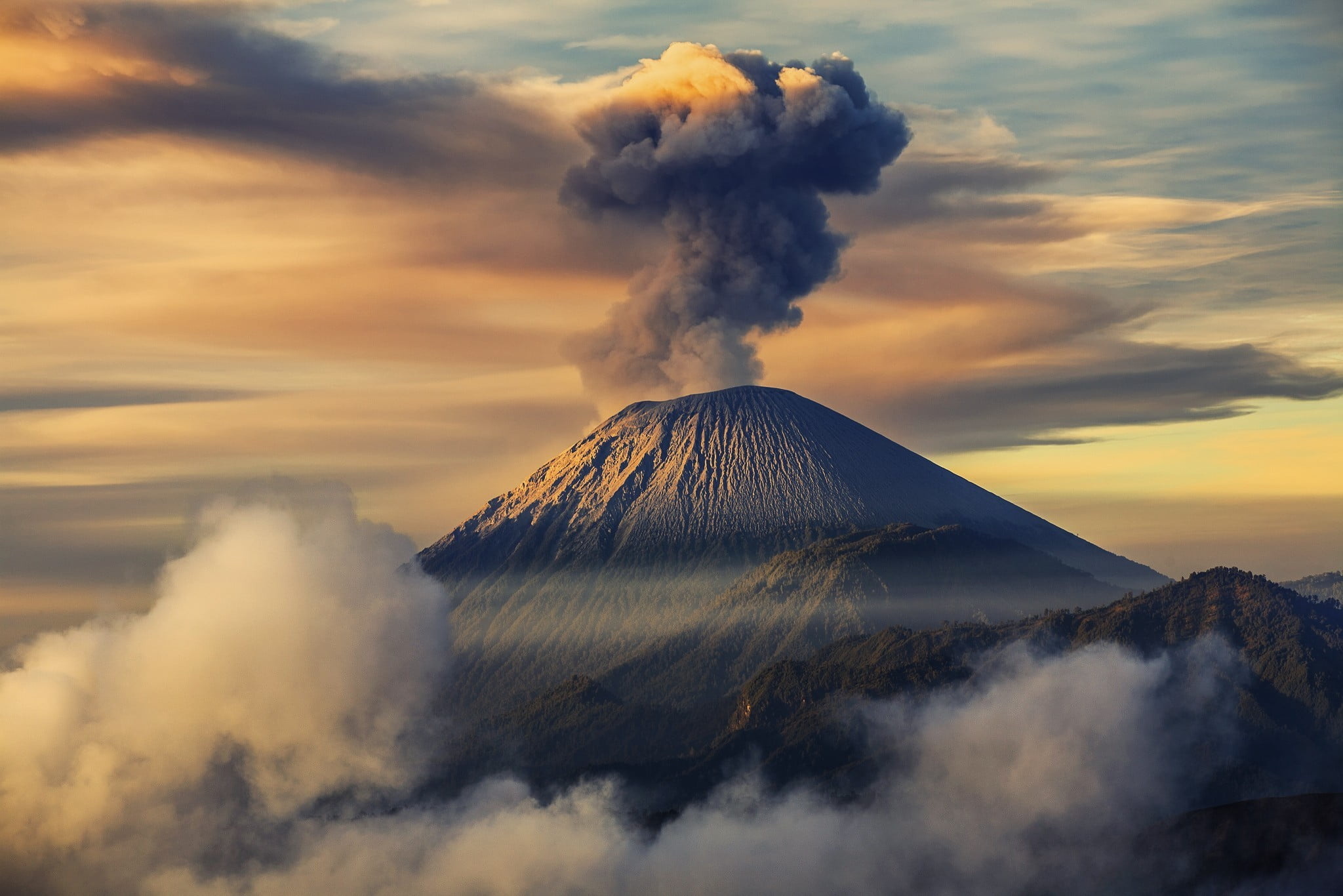 Mysterious black mountain, Enveloped in clouds, Striking volcano wallpaper, Beautiful landscape, 2050x1370 HD Desktop