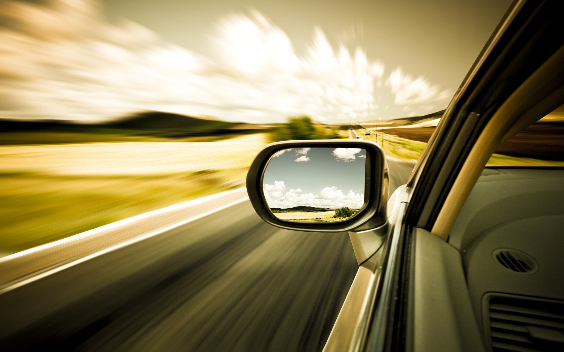 Mirror: Car, Reflection, Vehicle, Road, Long exposure, Motion, Blur, Driving, Daylight, Automobile. 1920x1200 HD Wallpaper.