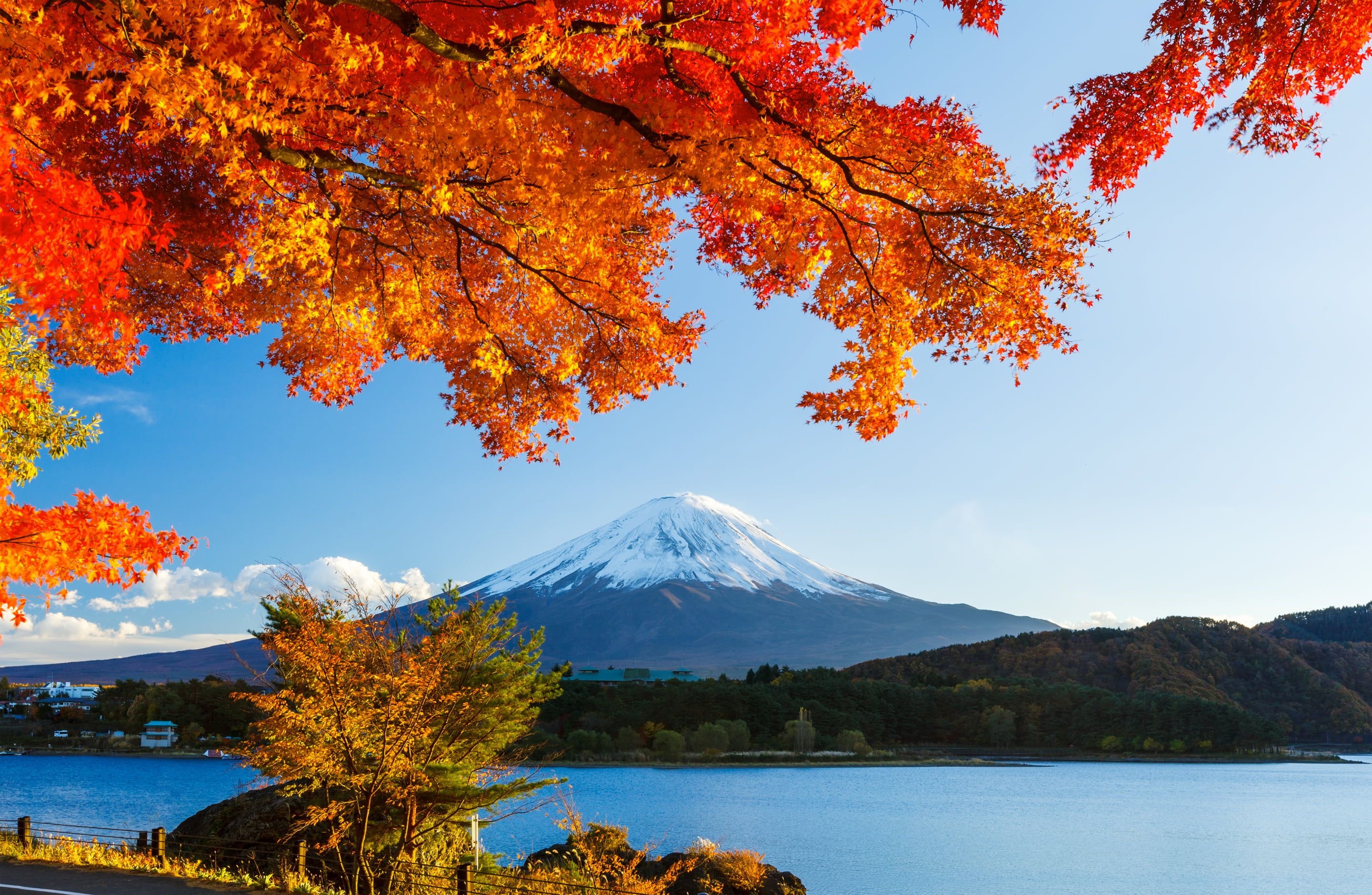Mount Fuji, Autumn beauty, Tranquil lake, Majestic scenery, 2880x1880 HD Desktop